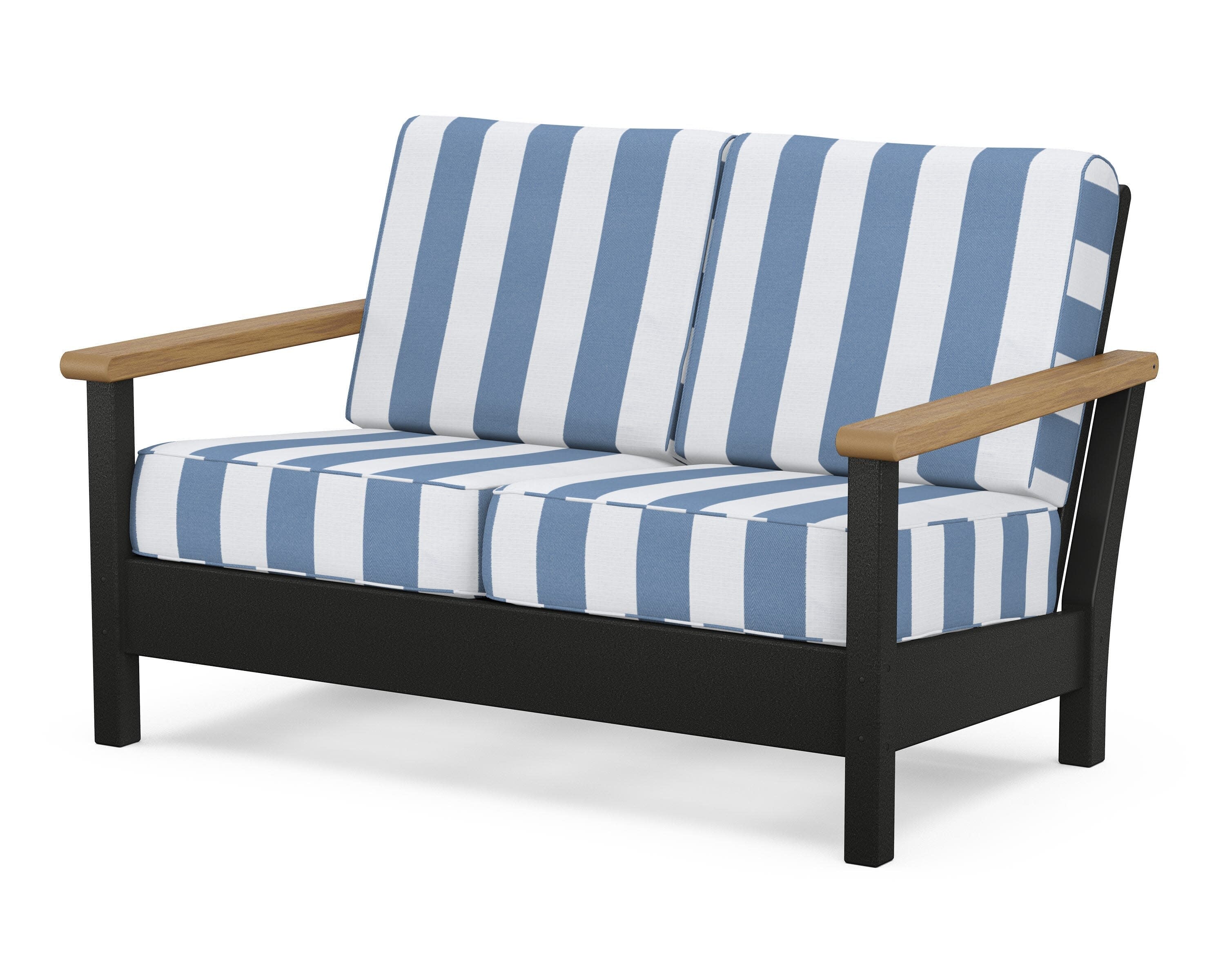 Harbour Deep Seating Loveseat in Black / Natural / Cabana Stripe Sky Blue