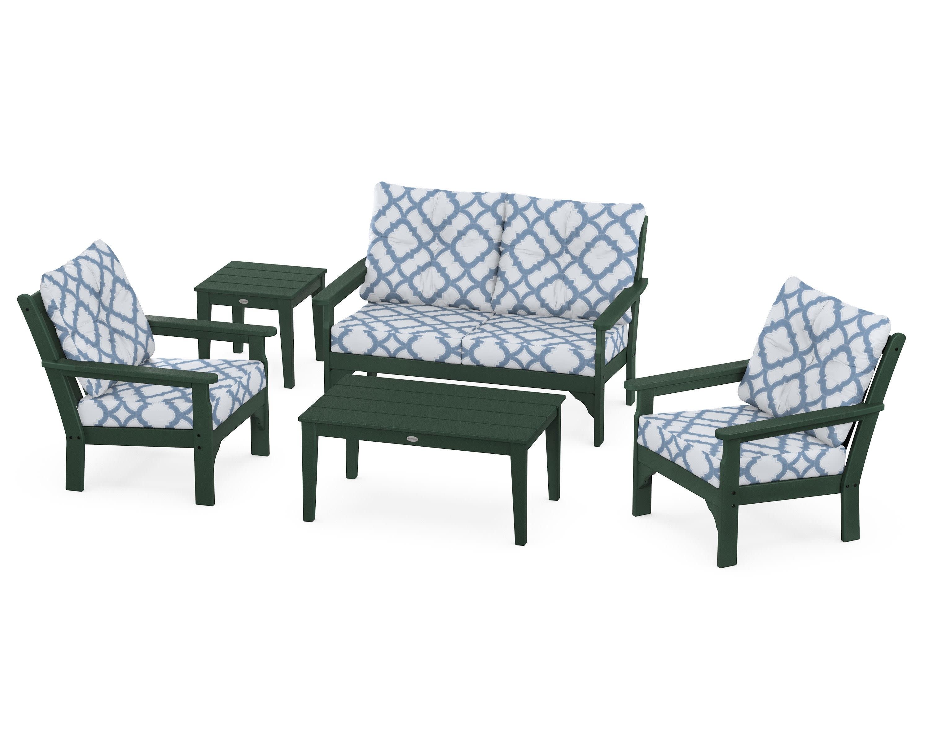 Vineyard 5-Piece Deep Seating Set in Green / Trellis Sky Blue