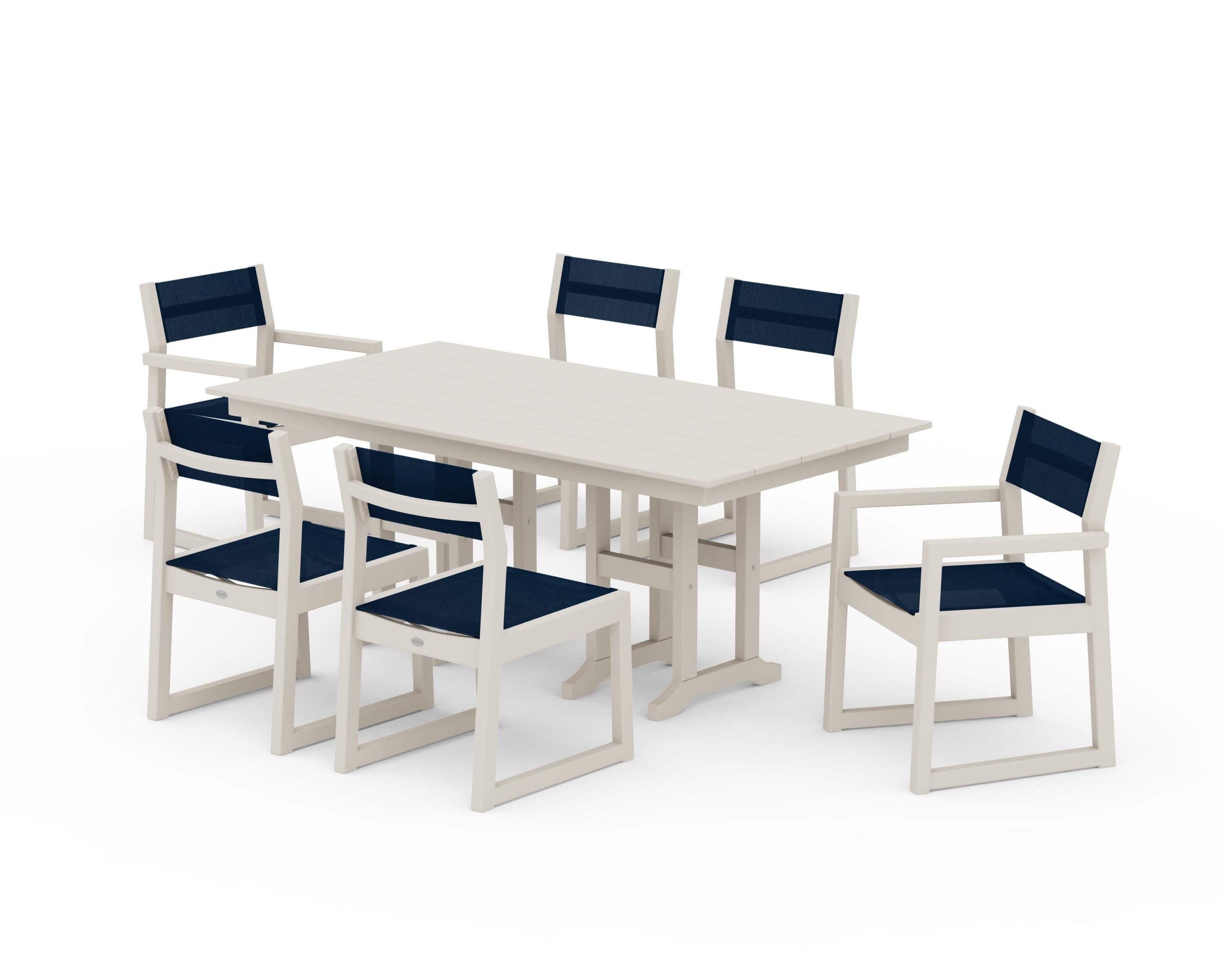 EDGE Sling 7-Piece Farmhouse Dining Set in Sand / Navy Blue Sling
