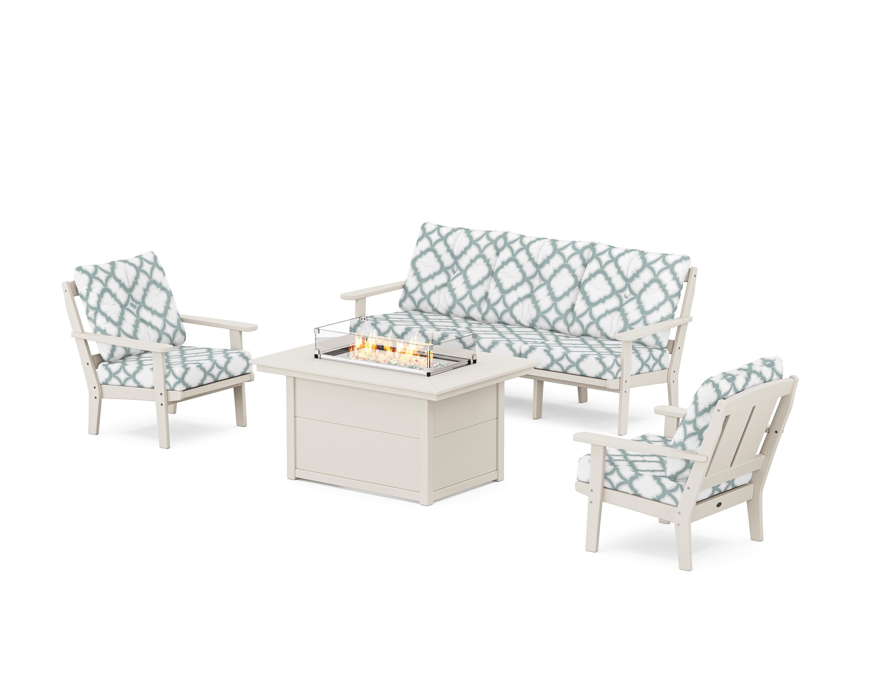 Mission Deep Seating Fire Pit Table Set in Sand / Trellis Glacier Spa