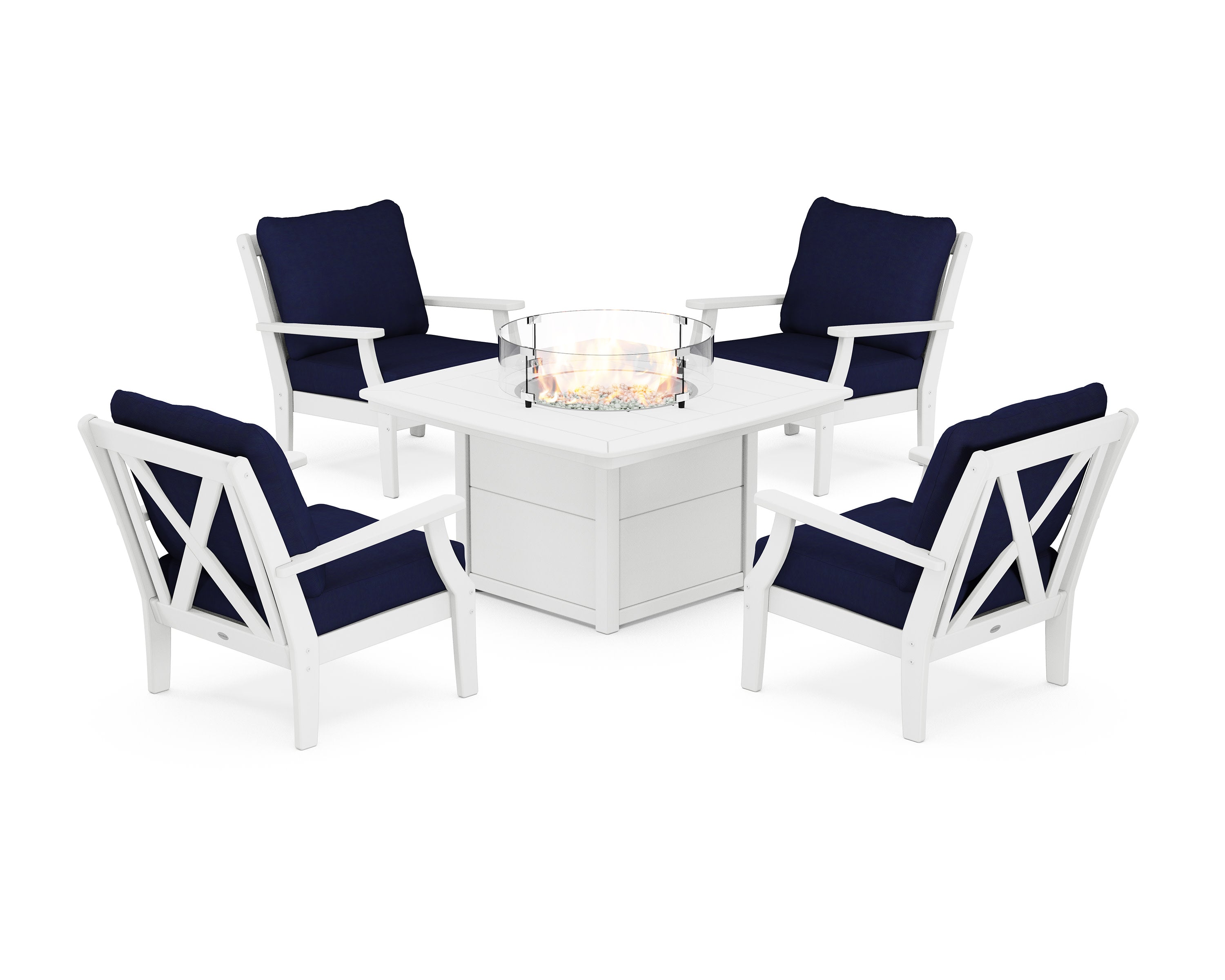 Braxton 5-Piece Deep Seating Conversation Set with Fire Pit Table in White / Navy