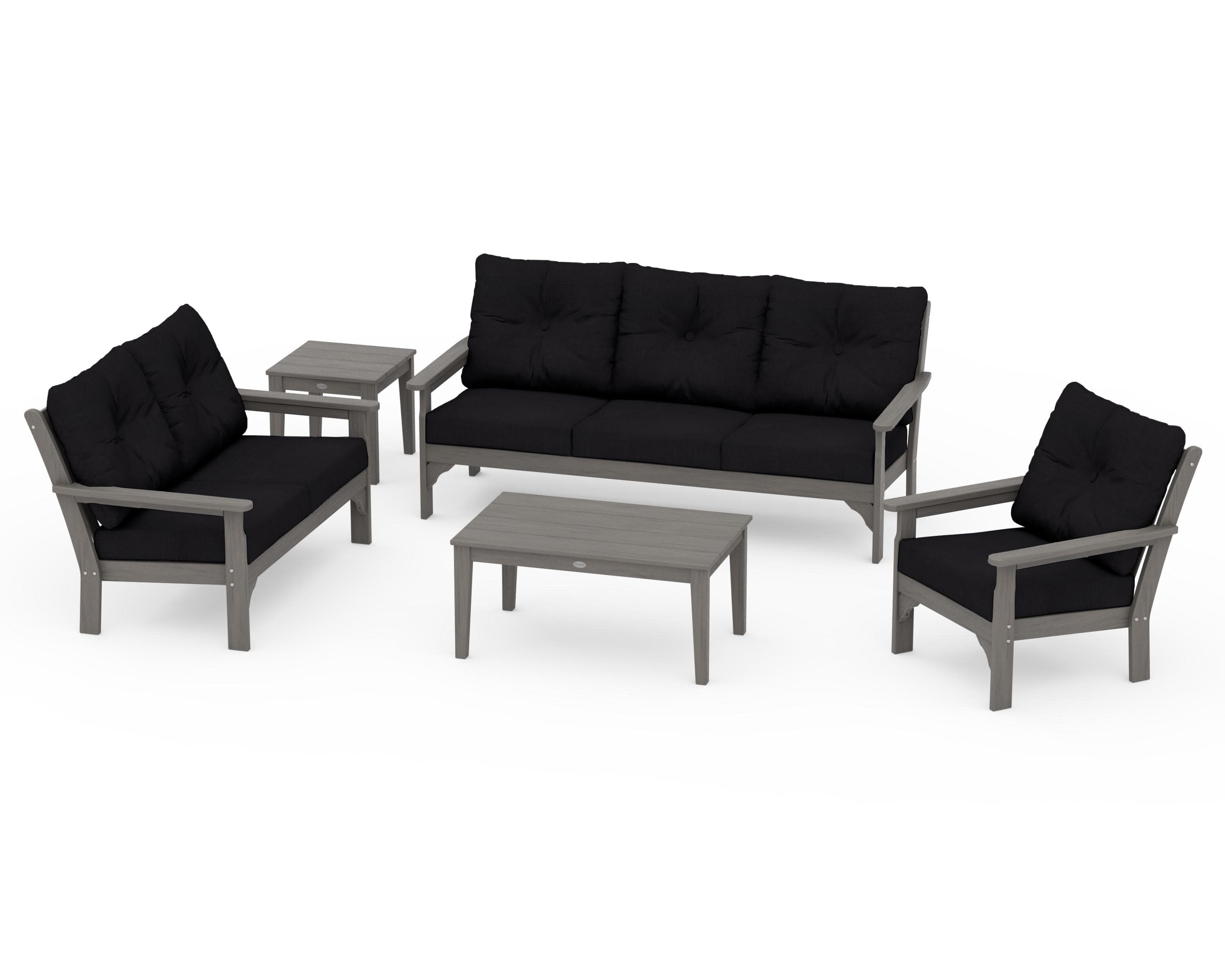 Vineyard 5 Piece Deep Seating Set in Driftwood / Midnight Linen