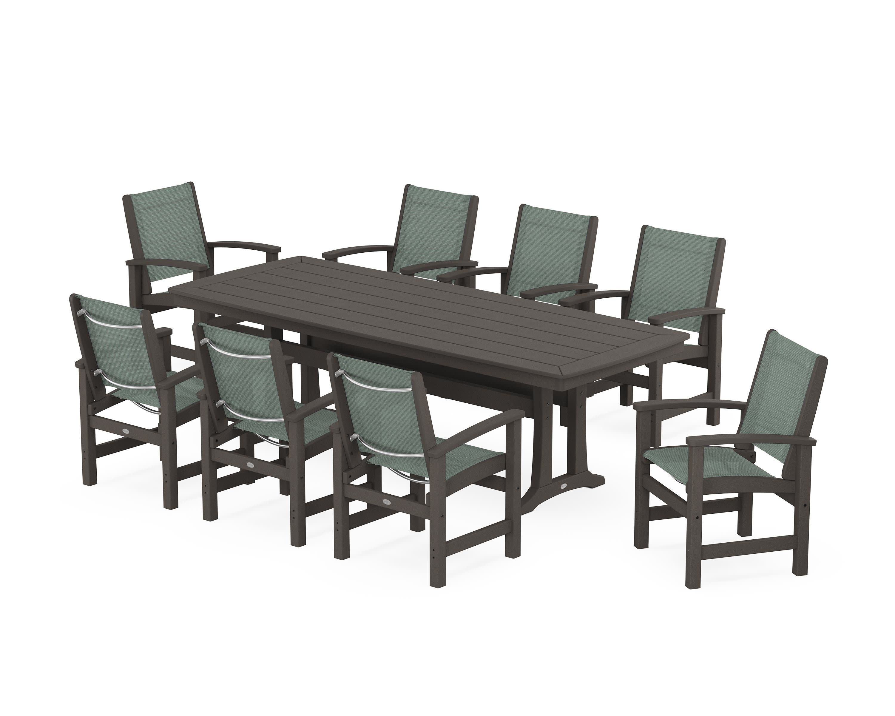 Coastal 9-Piece Dining Set with Trestle Legs in Vintage Coffee / Dupioni Sea Mist Sling