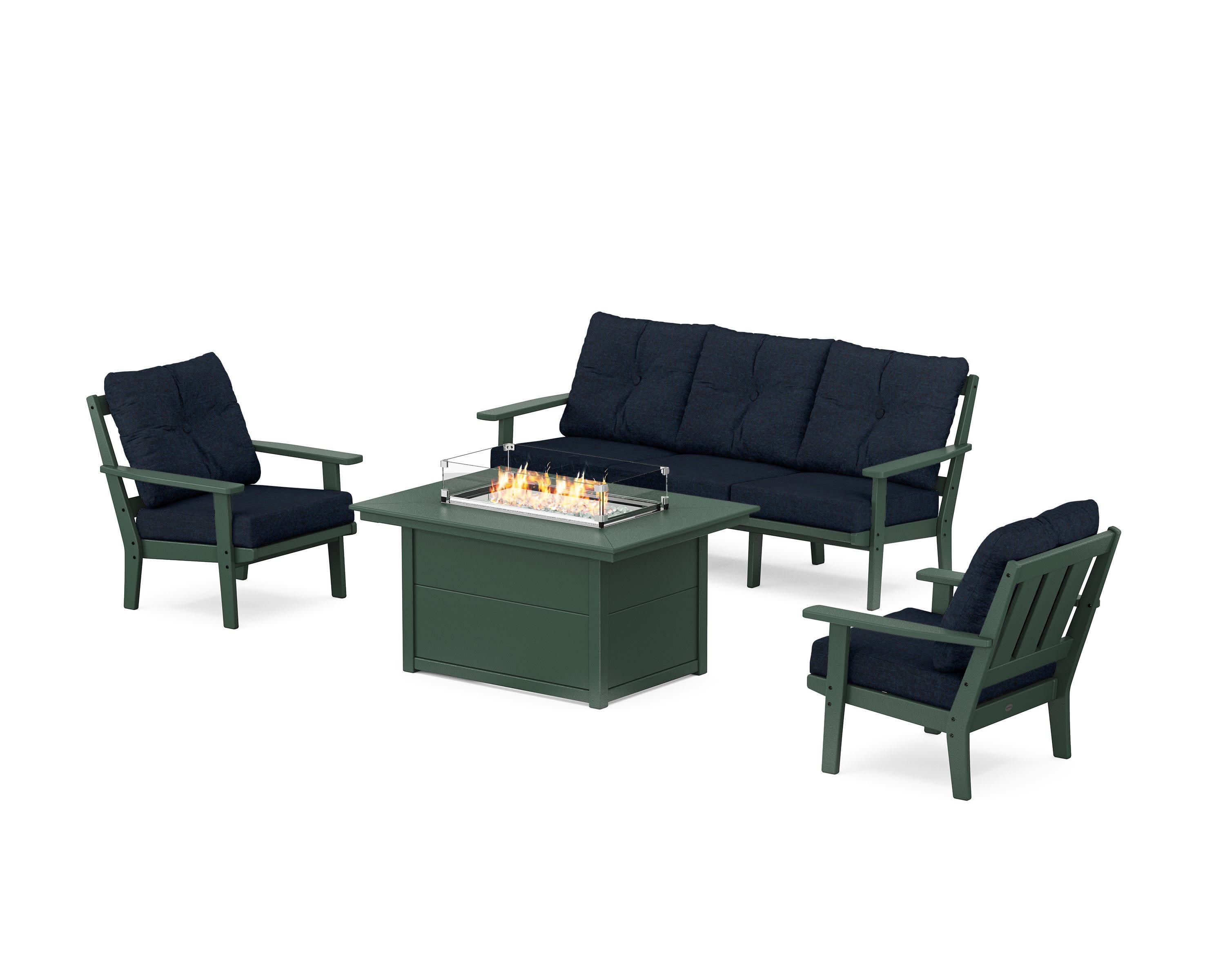 Oxford Deep Seating Fire Pit Table Set in Green / Marine Indigo