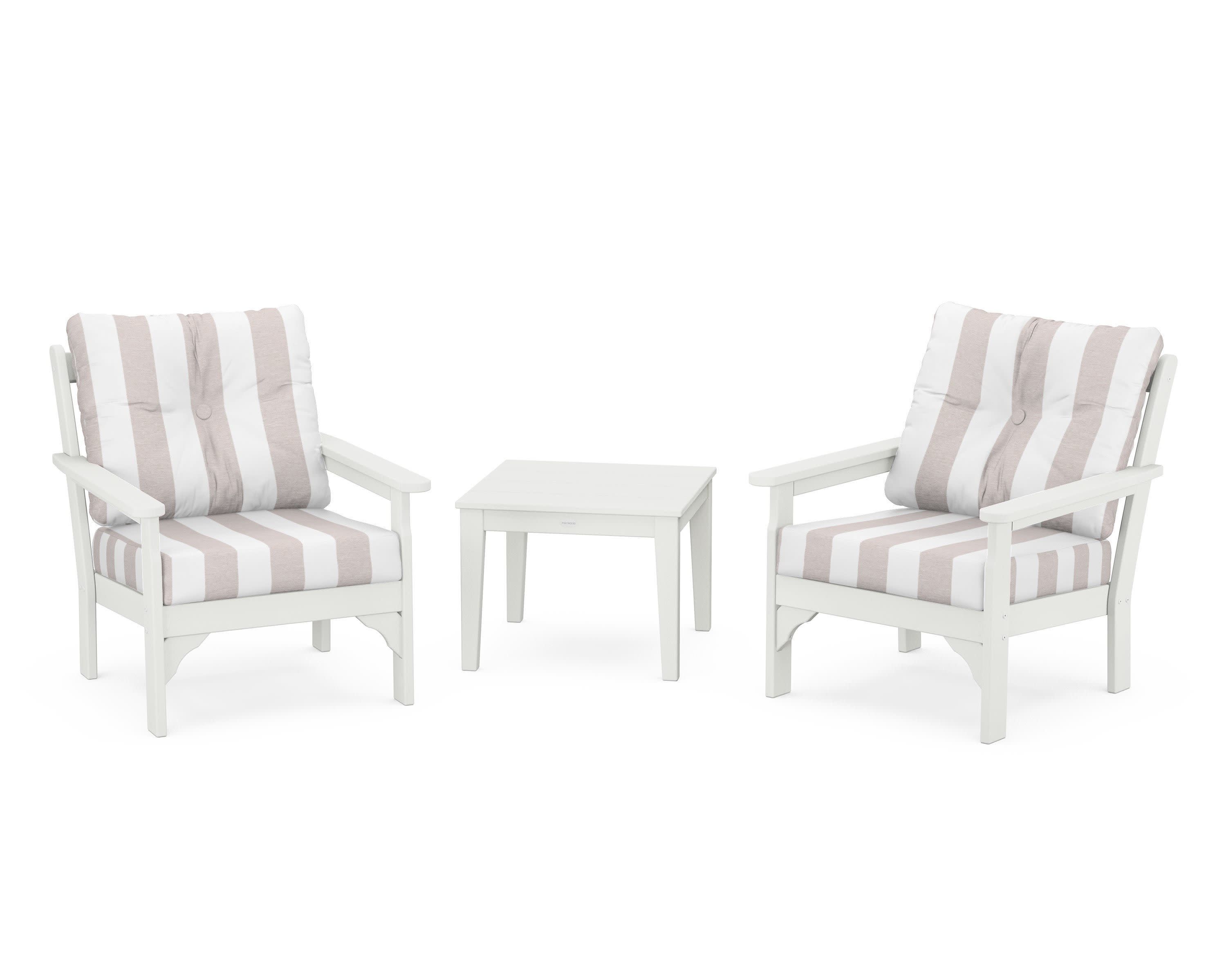 Vineyard 3-Piece Deep Seating Set in Vintage White / Cabana Stripe Dune Burlap