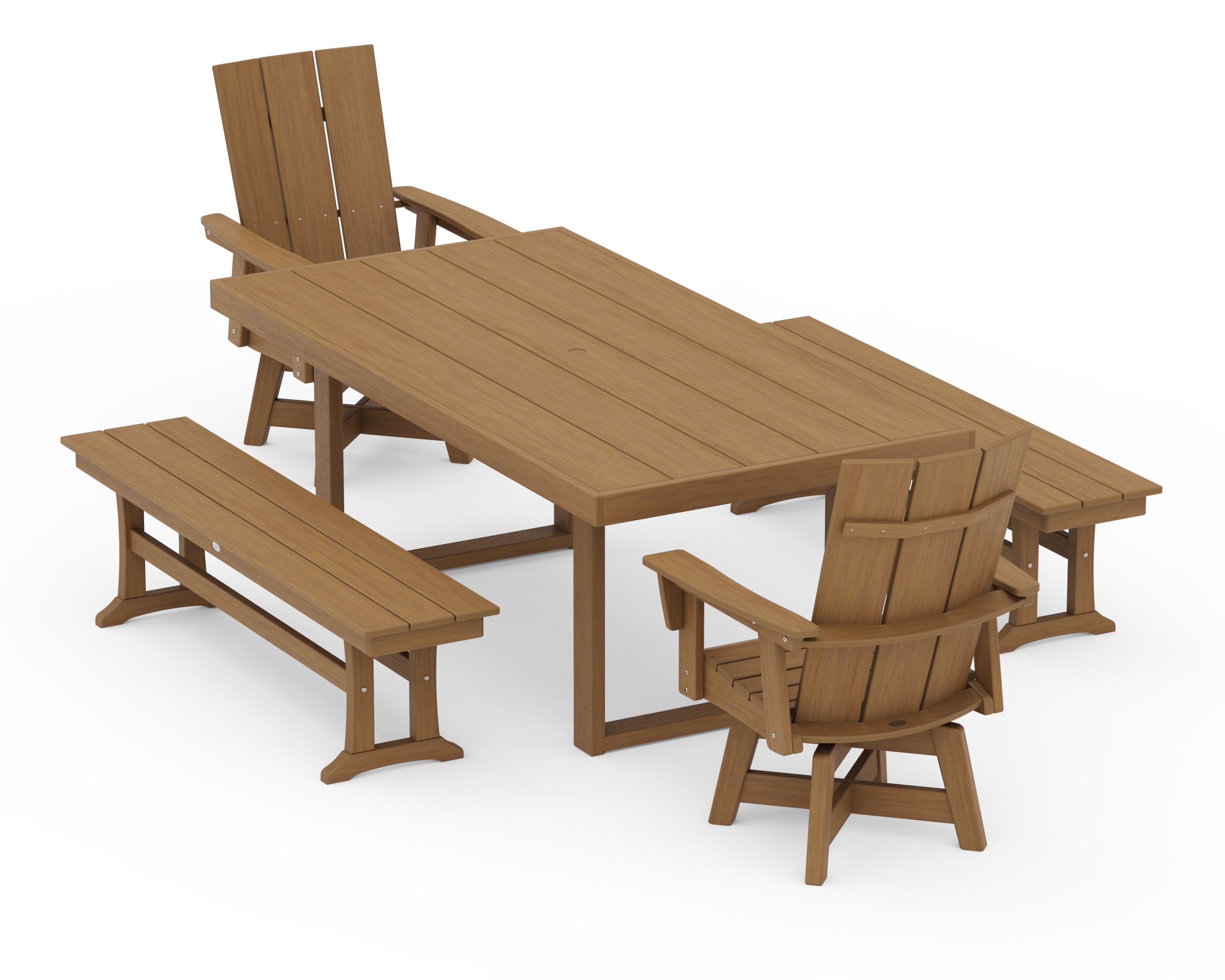 Modern Adirondack Swivel Chair 5-Piece Dining Set with Benches in Natural