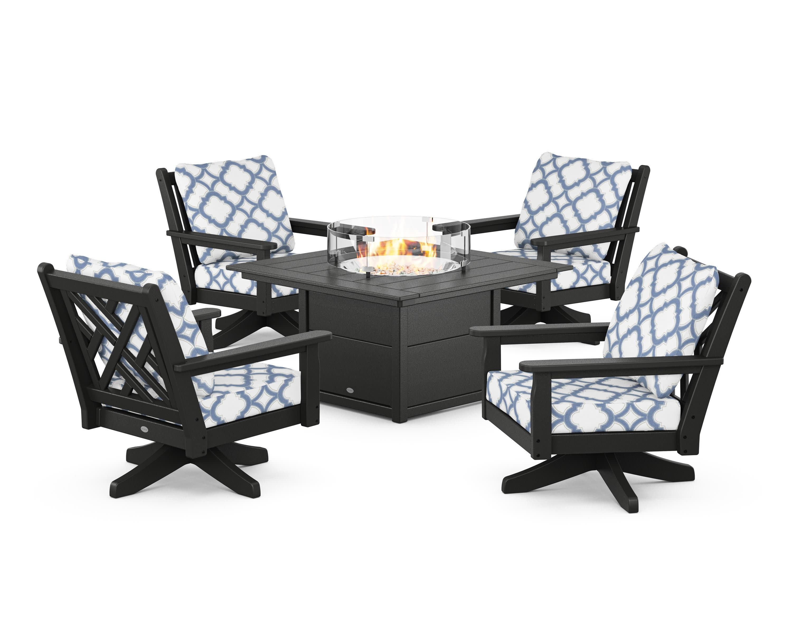 Chippendale 5-Piece Deep Seating Swivel Conversation Set with Fire Pit Table in Black / Trellis Sky Blue