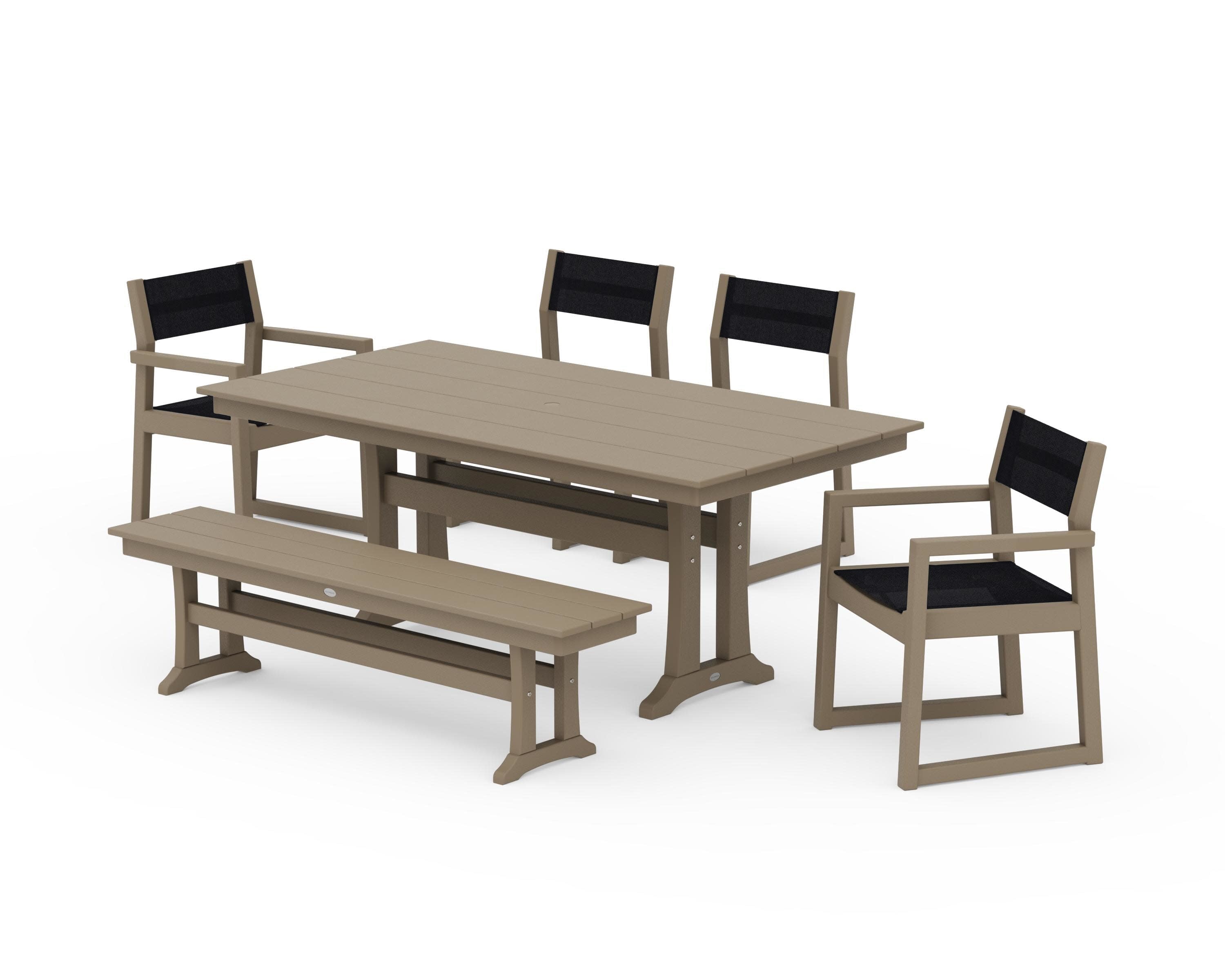EDGE Sling 6-Piece Farmhouse Dining Set With Trestle Legs in Vintage Sahara / Black Sling