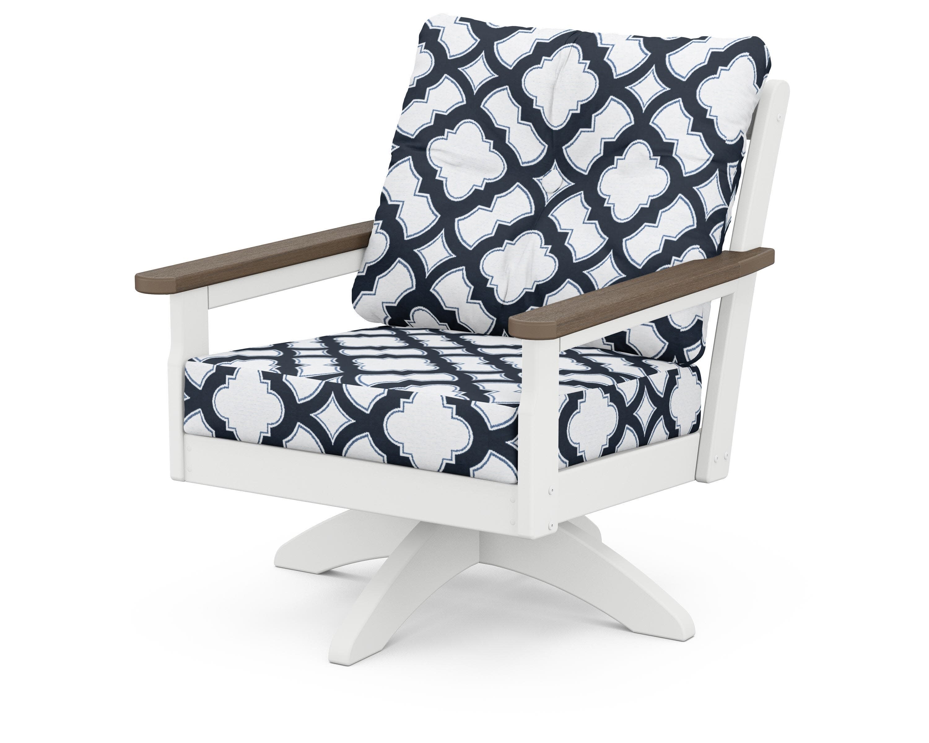 Vineyard Deep Seating Swivel Chair in White / Kona / Trellis Marine Indigo