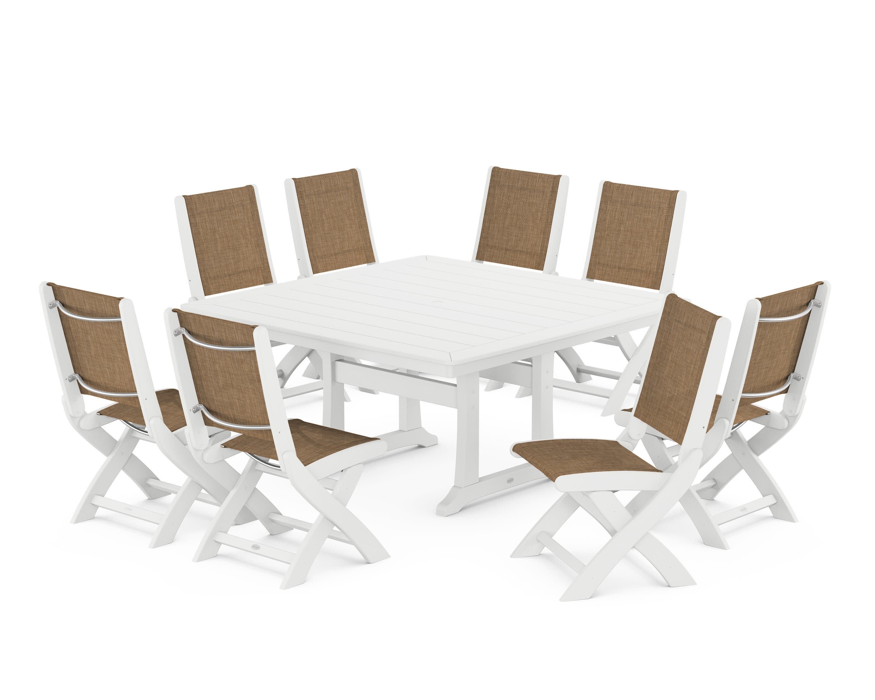 Coastal Folding Side Chair 9-Piece Dining Set with Trestle Legs in White / Burlap Sling