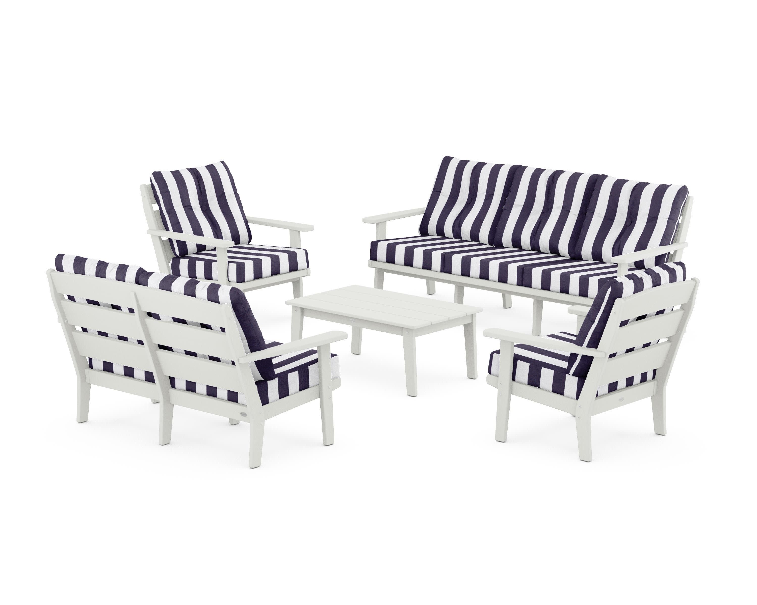 Lakeside 5-Piece Lounge Sofa Set in Vintage White / Cabana Stripe Navy