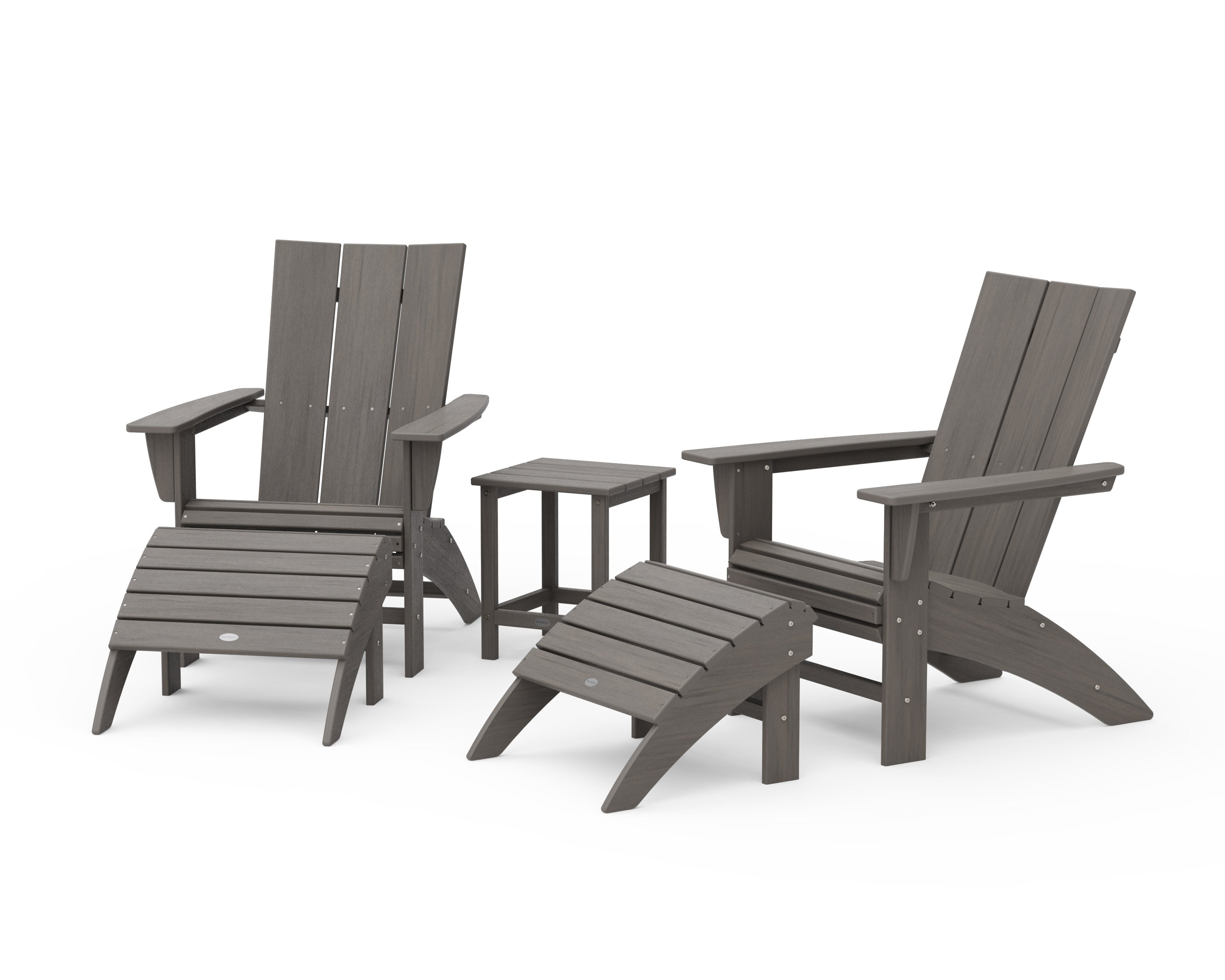 Modern Curveback Adirondack Chair 5-Piece Set with Ottomans and 18" Side Table in Driftwood
