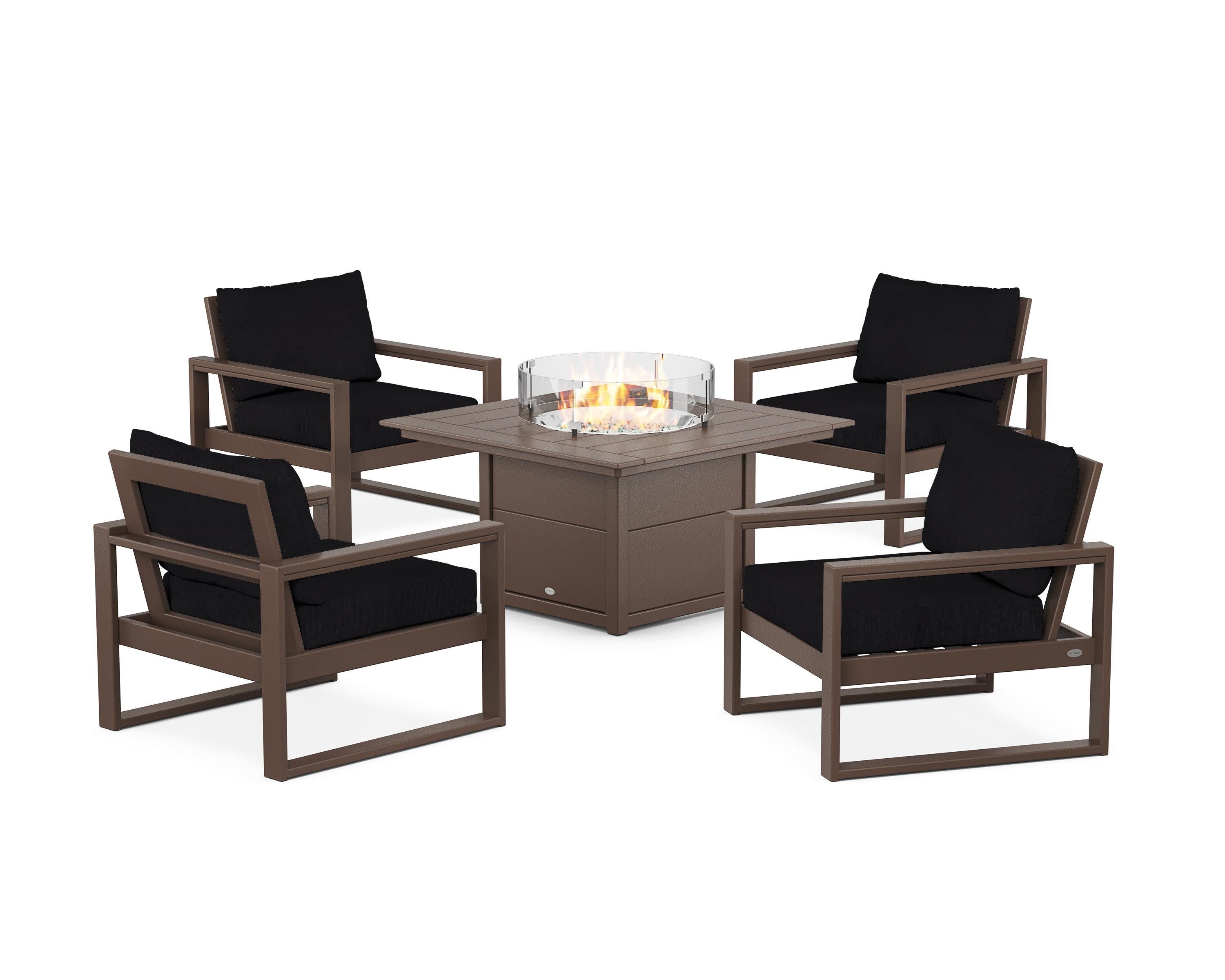 EDGE Sectional 5-Piece Deep Seating Set with Fire Pit Table in Mahogany / Midnight Linen