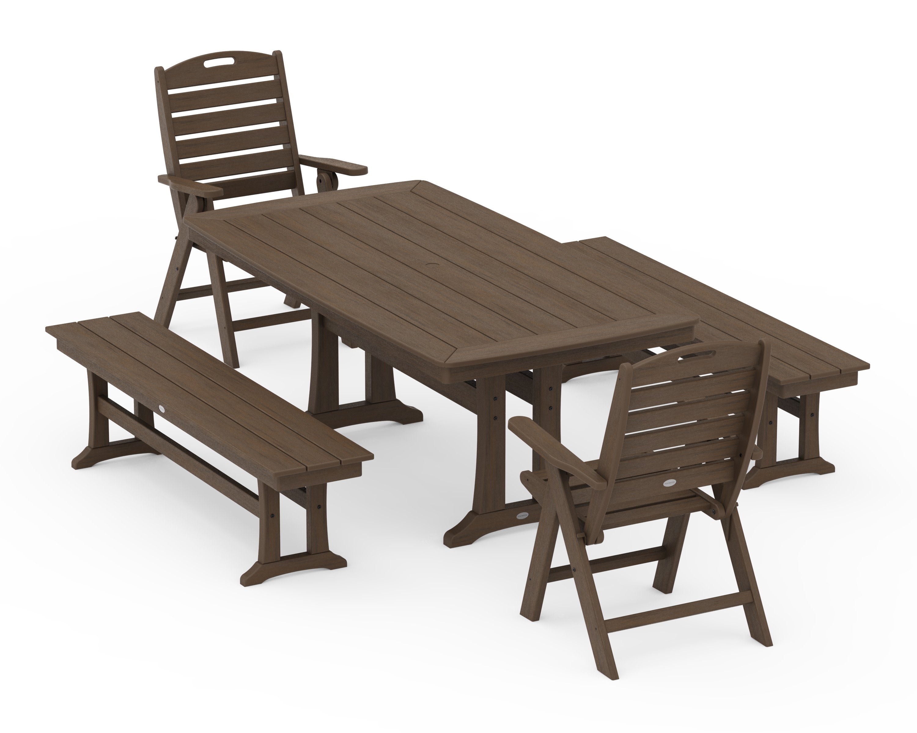 Nautical Folding Highback Chair 5-Piece Dining Set with Trestle Legs and Benches in Kona