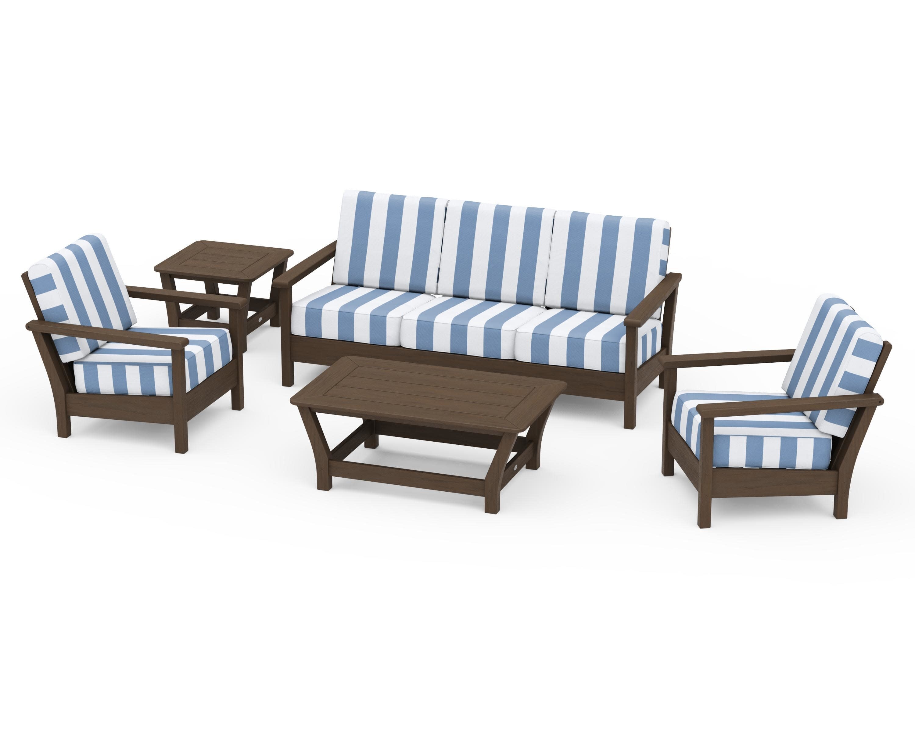Harbour 5-Piece Deep Seating Set in Kona / Cabana Stripe Sky Blue