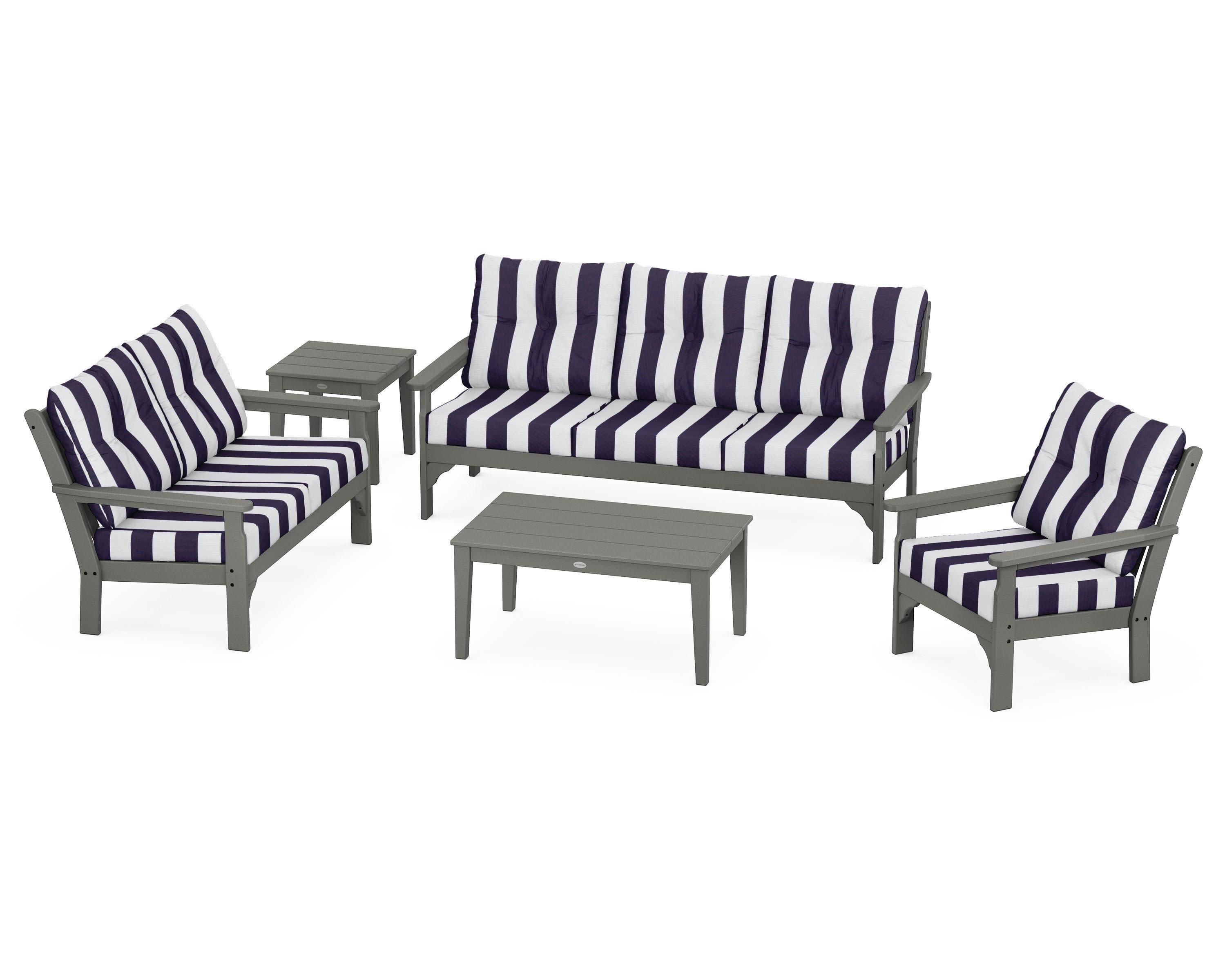 Vineyard 5 Piece Deep Seating Set in Slate Grey / Cabana Stripe Navy