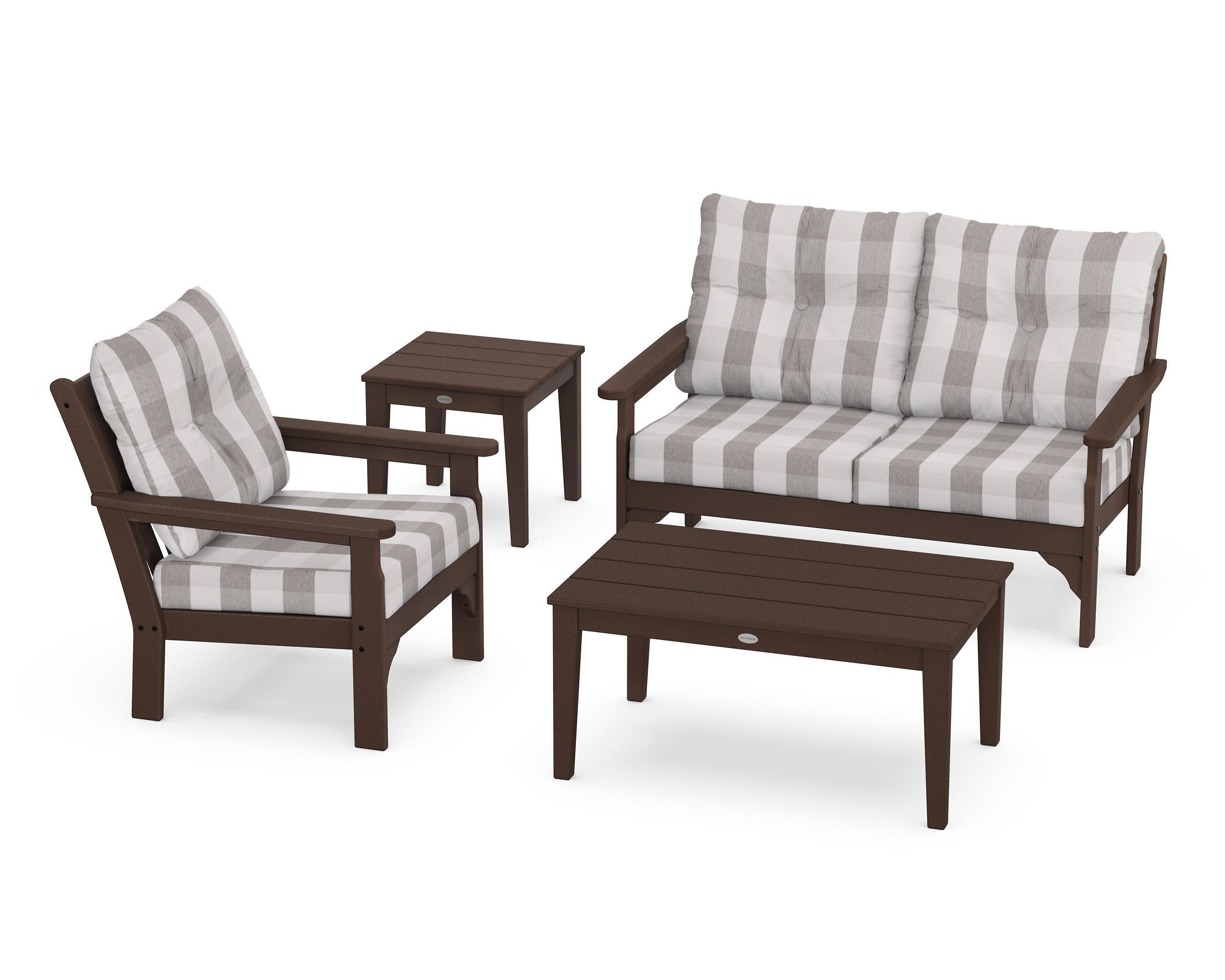 Vineyard 4-Piece Deep Seating Set in Mahogany / Buffalo Plaid Grey Mist