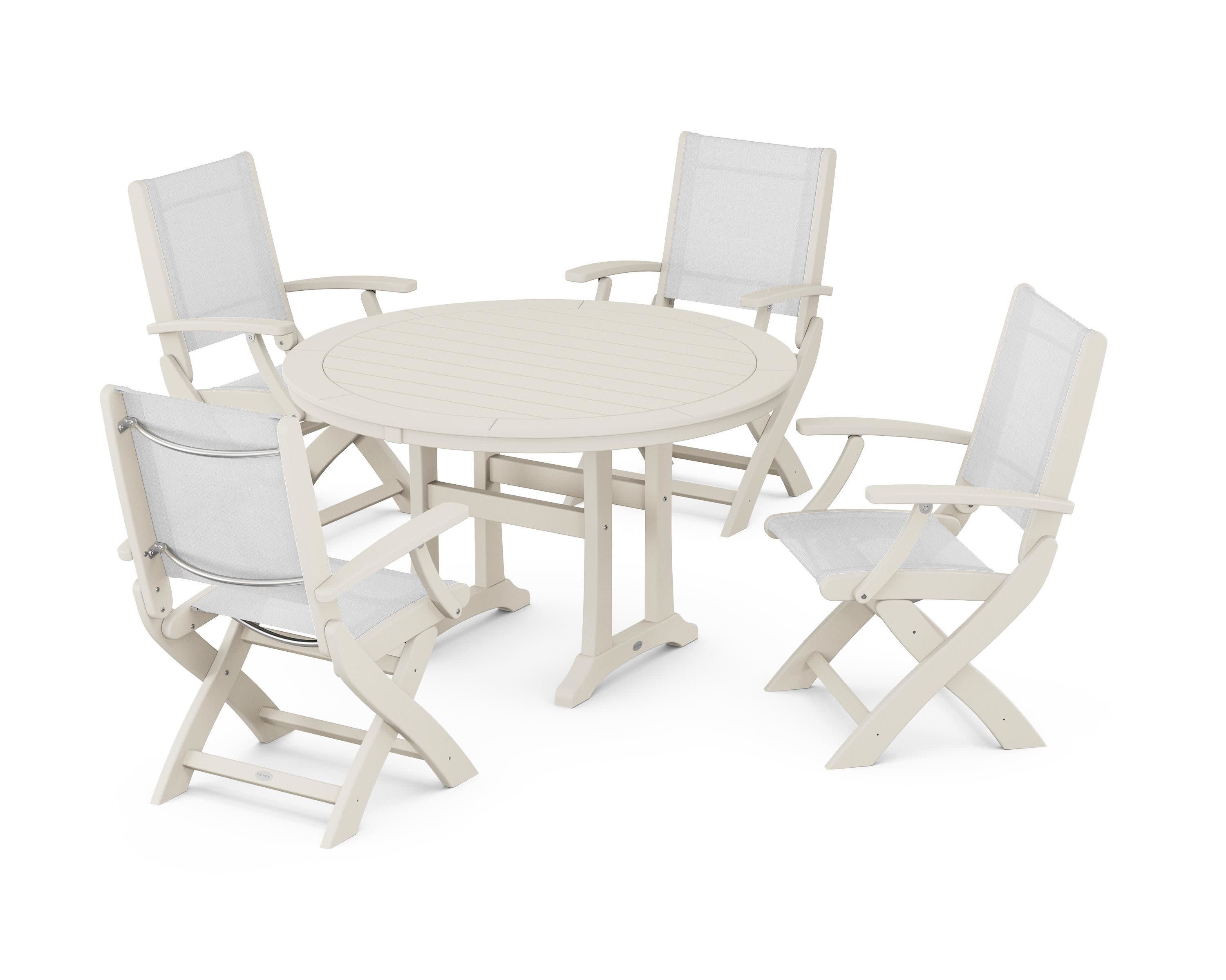 Coastal Folding Chair 5-Piece Round Dining Set with Trestle Legs in Sand / White Sling