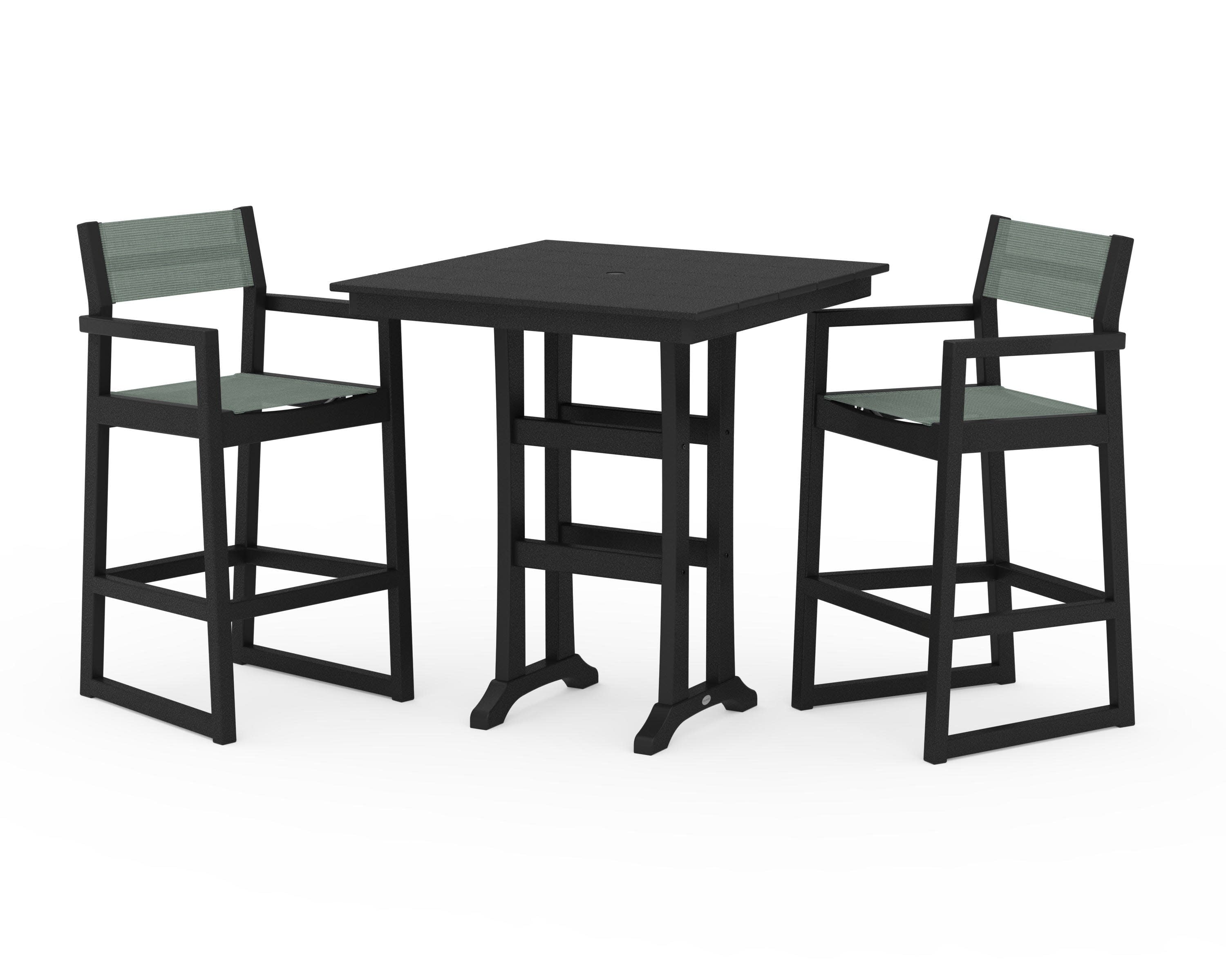 EDGE Sling Arm Chair 3-Piece Farmhouse Bar Set with Trestle Legs in Black / Dupioni Sea Mist Sling