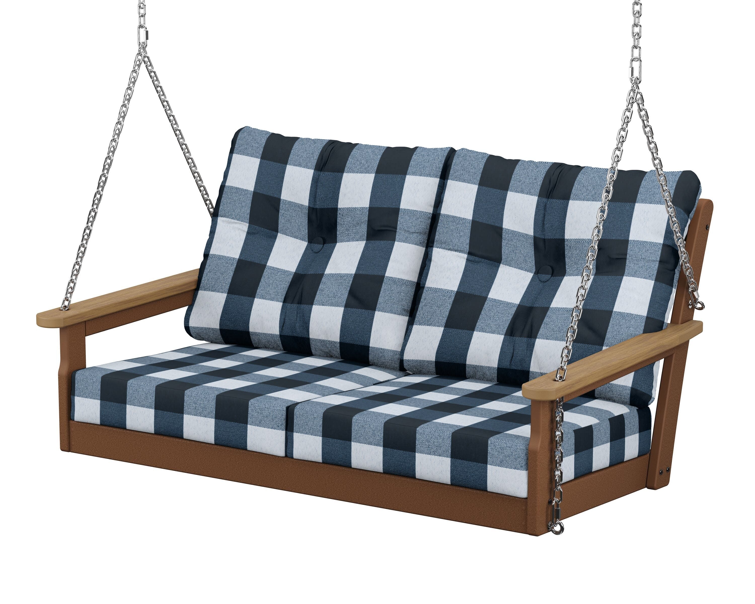 Vineyard Deep Seating Swing in Teak / Natural / Buffalo Plaid Marine Indigo
