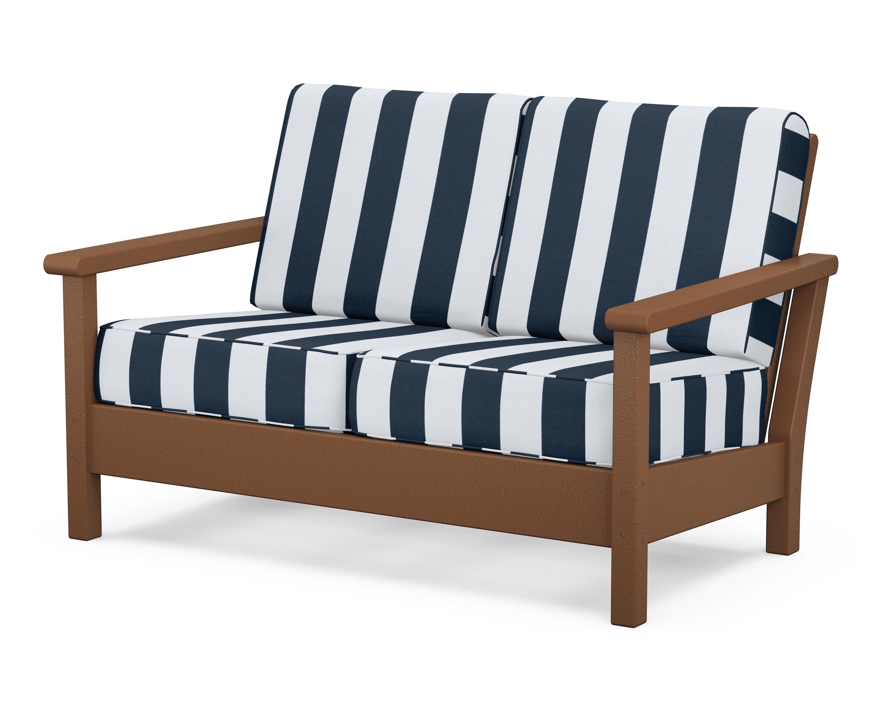 Harbour Deep Seating Loveseat in Teak / Cabana Stripe Marine Indigo