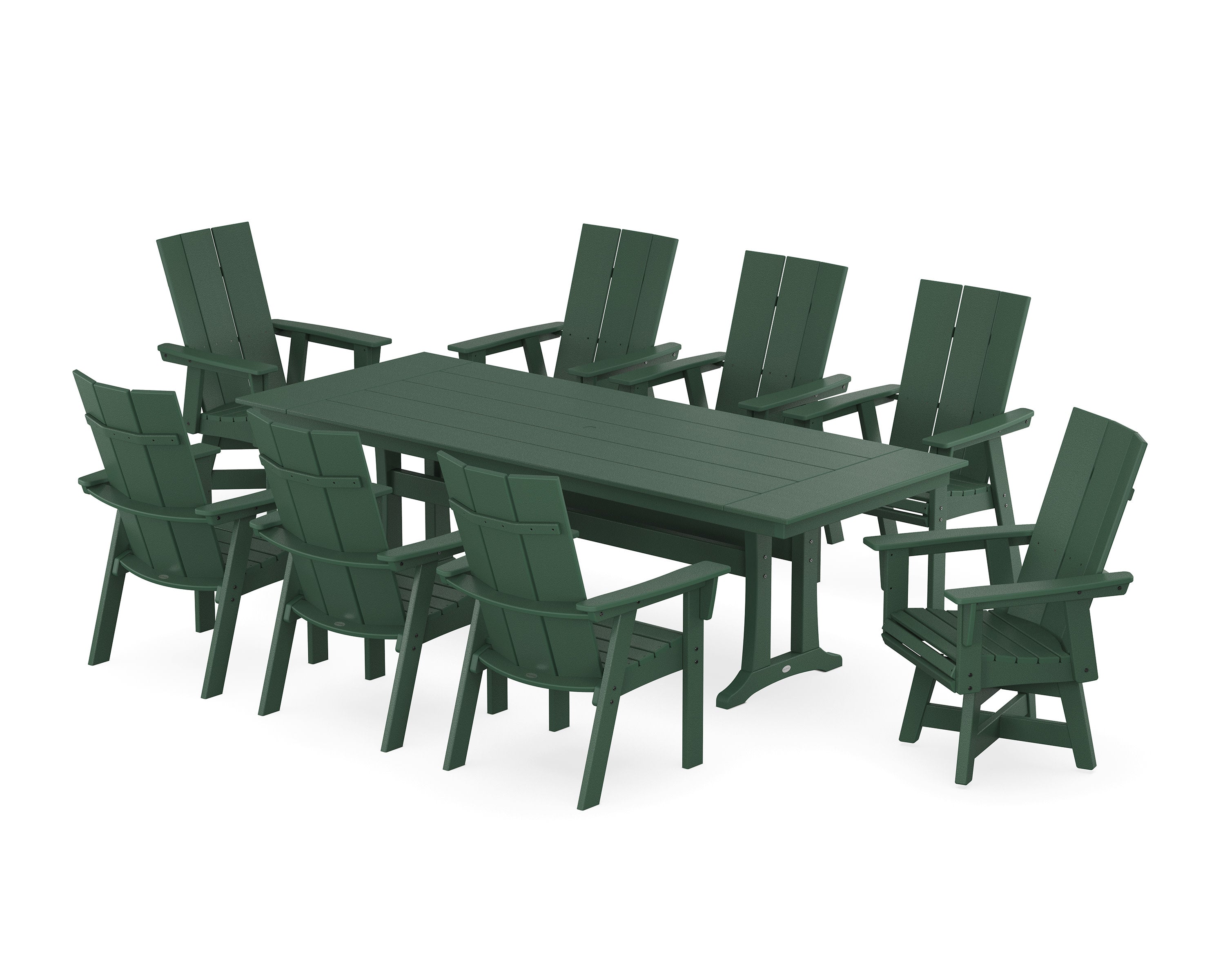 Modern Curveback Adirondack Swivel 9-Piece Farmhouse Dining Set with Trestle Legs in Green