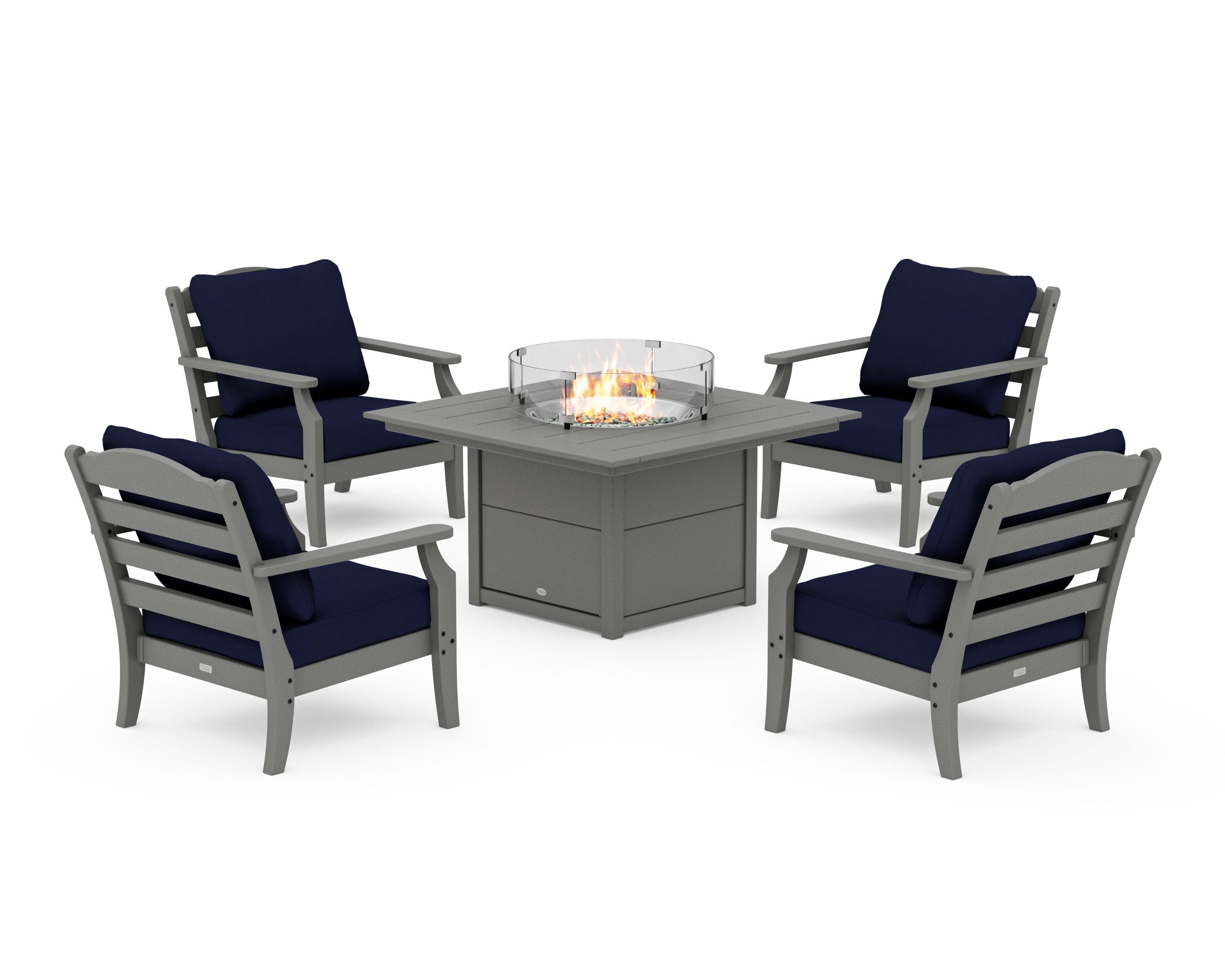 Savannah 5-Piece Deep Seating Set with Fire Pit Table in Slate Grey / Navy