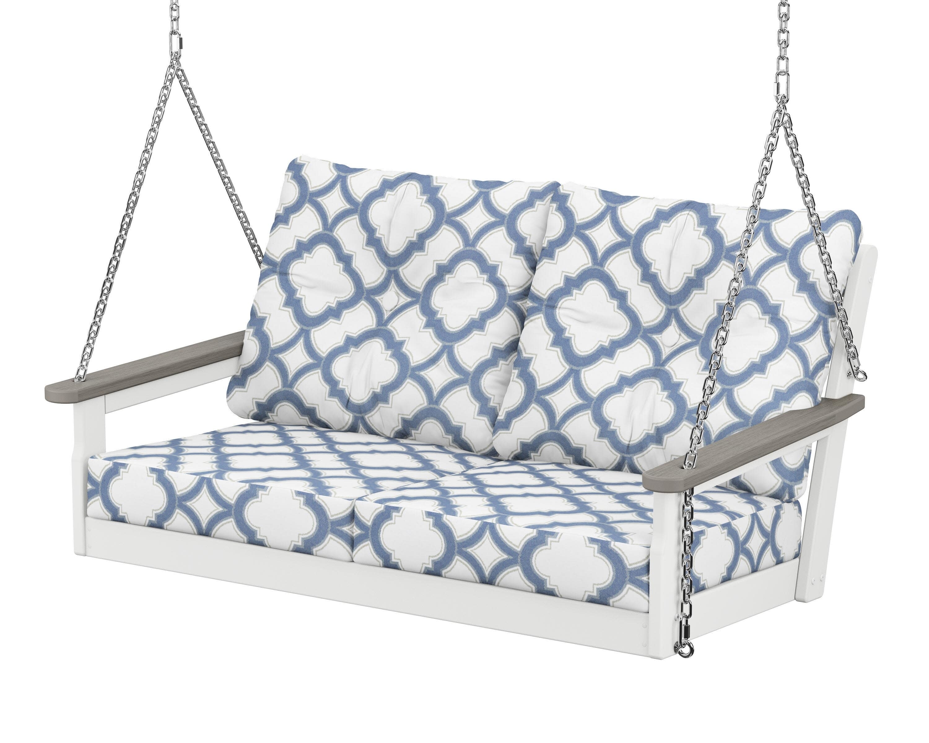 Vineyard Deep Seating Swing in White / Driftwood / Trellis Sky Blue