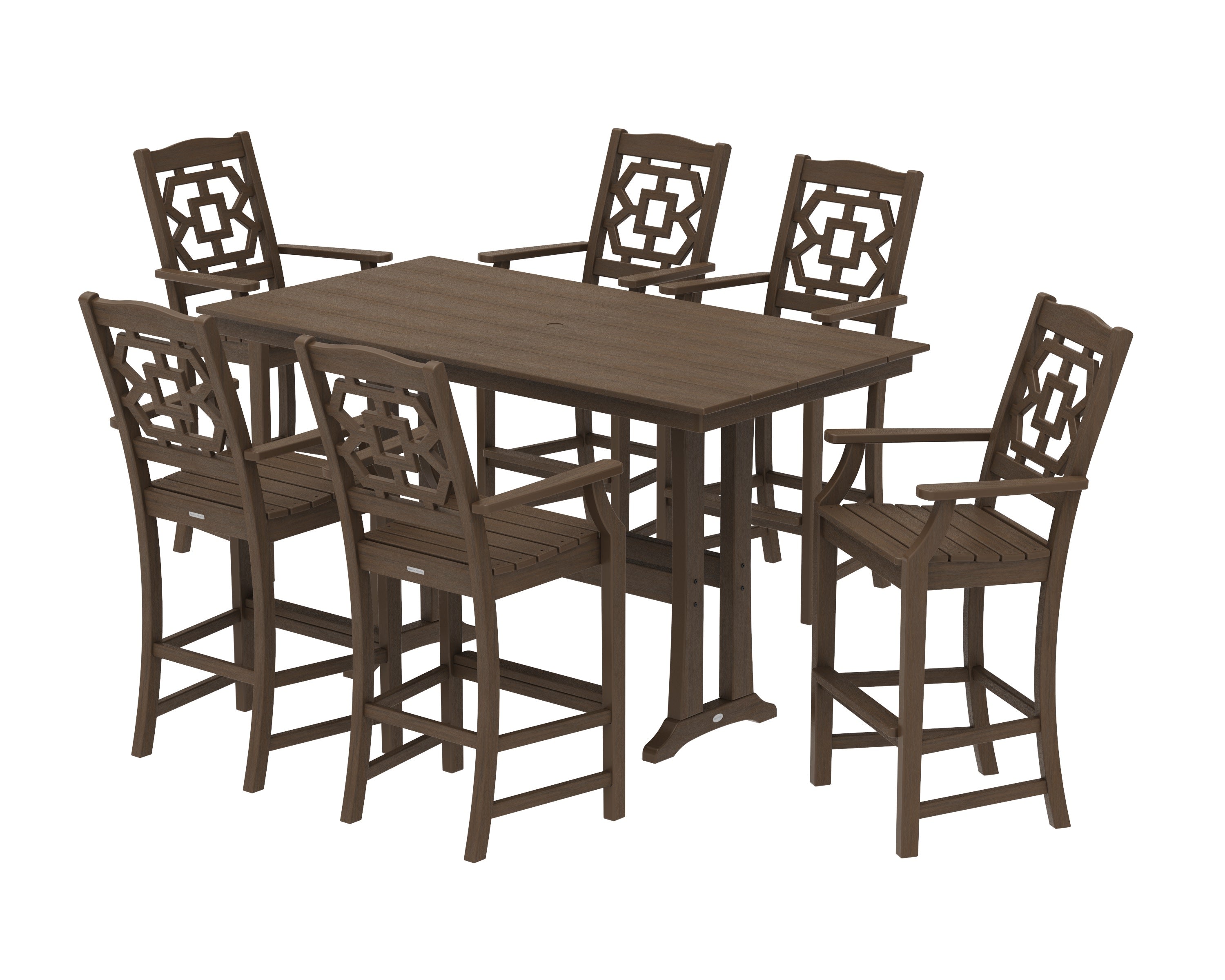 Chinoiserie Arm Chair 7-Piece Farmhouse Bar Set with Trestle Legs in Kona