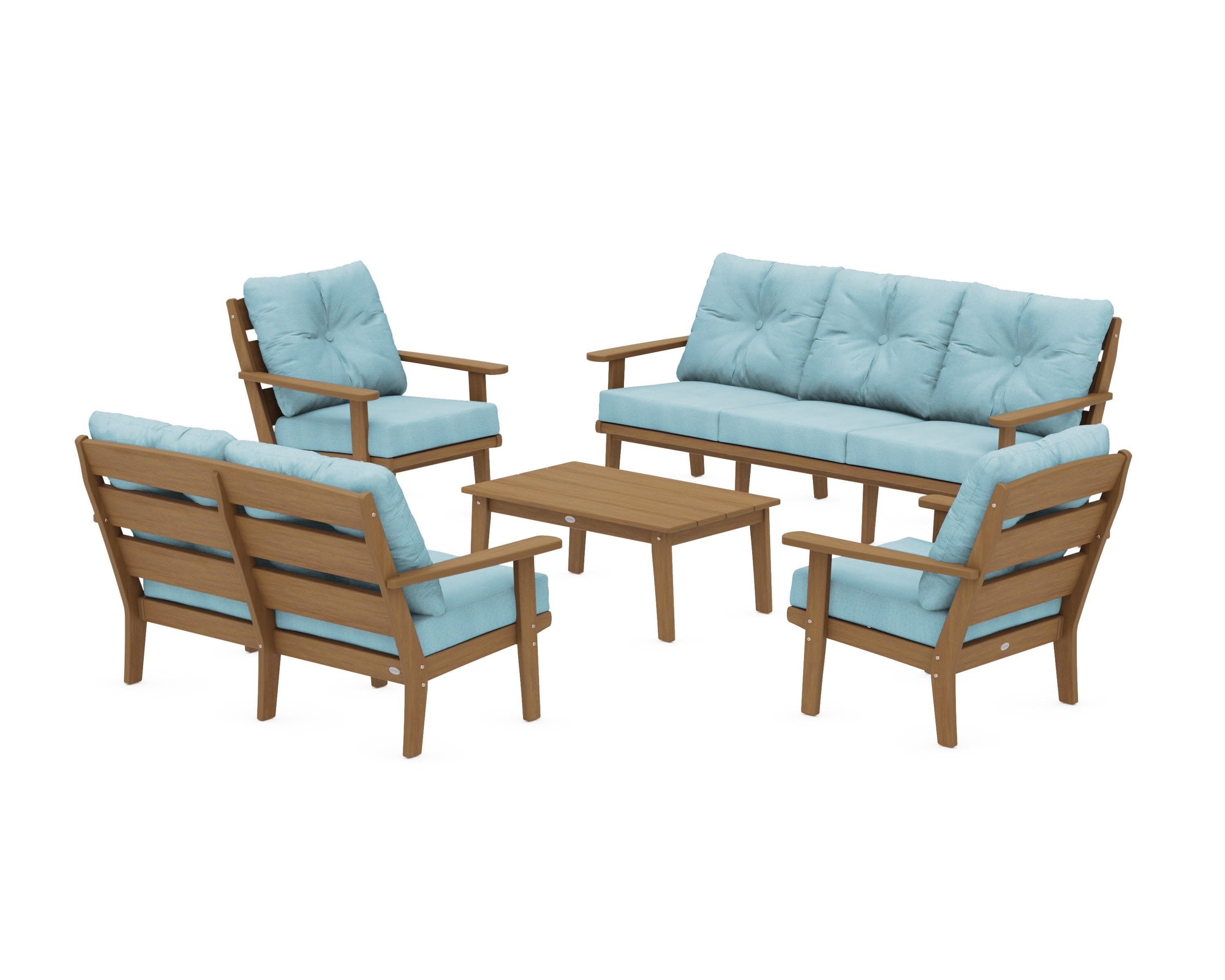 Lakeside 5-Piece Lounge Sofa Set in Natural / Lattice Sky Blue