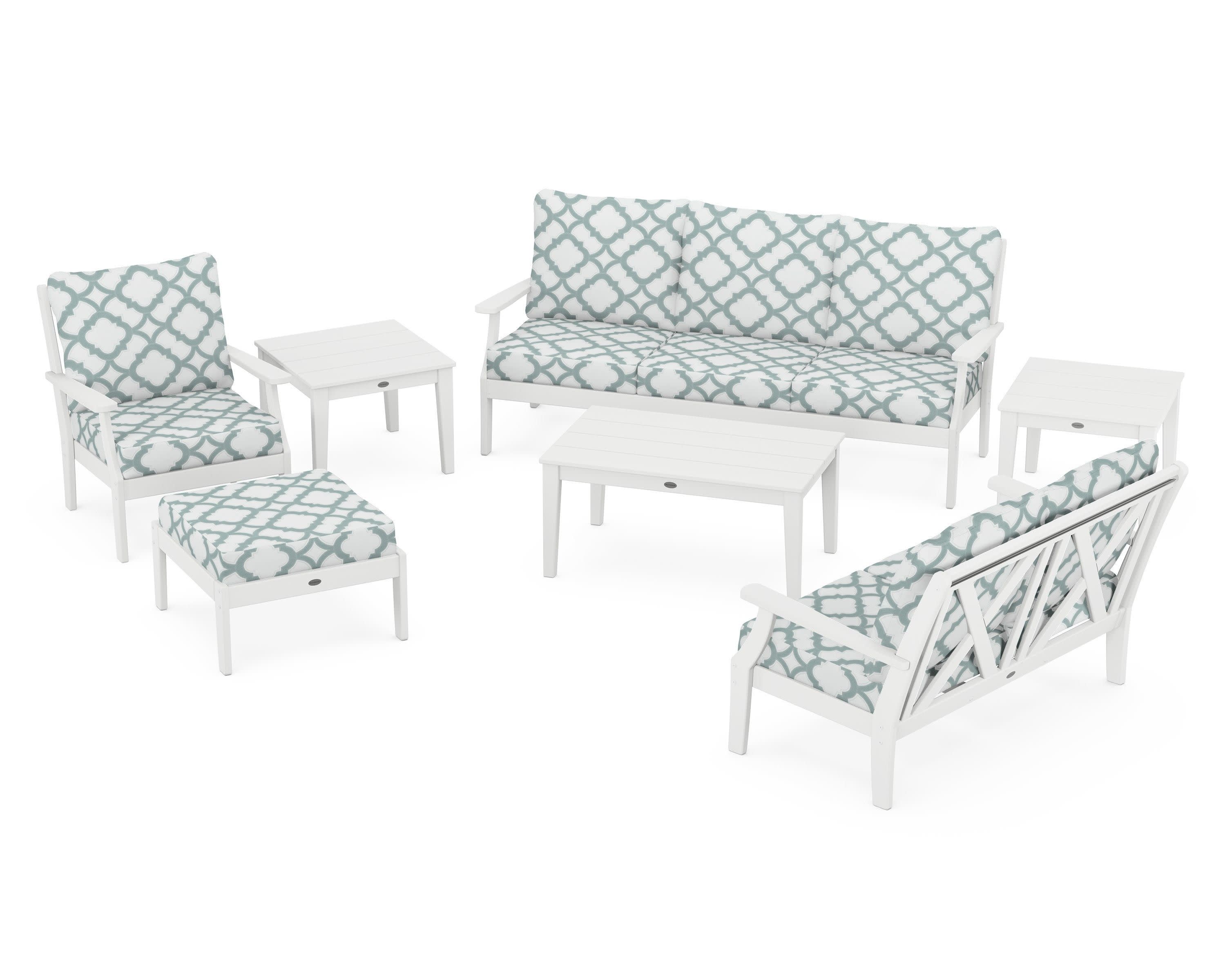 Braxton 7-Piece Deep Seating Set in White / Trellis Glacier Spa