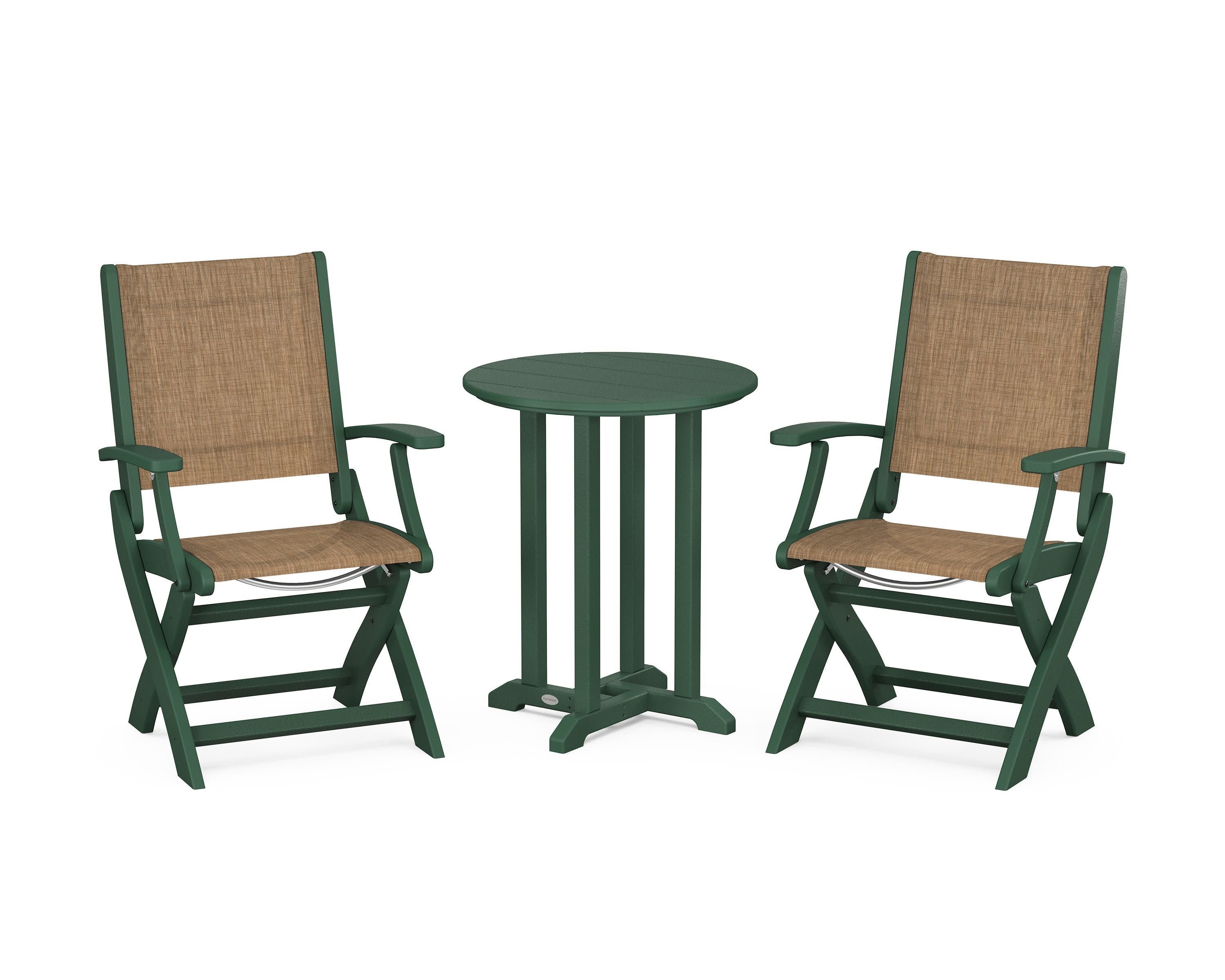 Coastal Folding 3-Piece Round Bistro Dining Set in Green / Burlap Sling