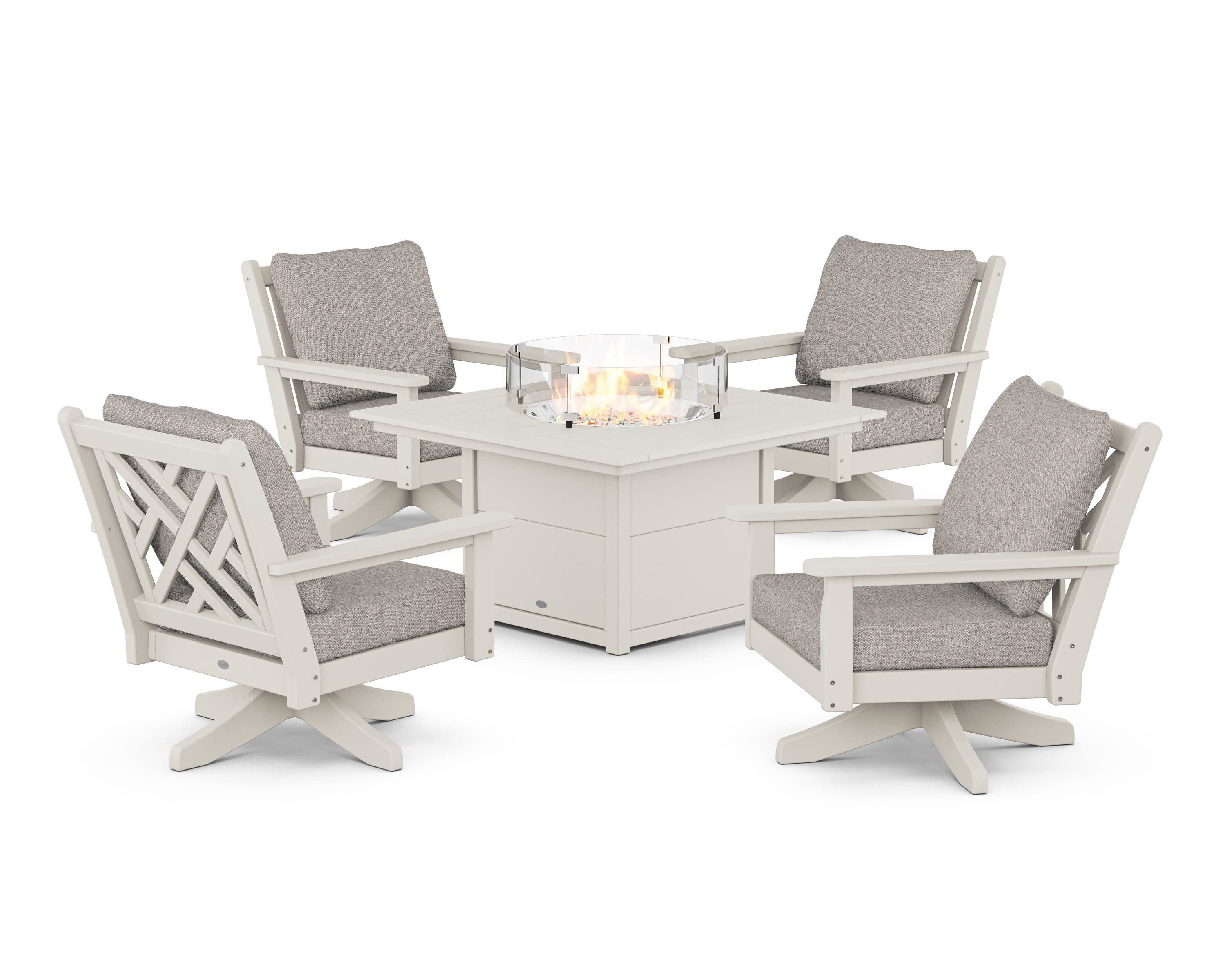 Chippendale 5-Piece Deep Seating Swivel Conversation Set with Fire Pit Table in Sand / Weathered Tweed