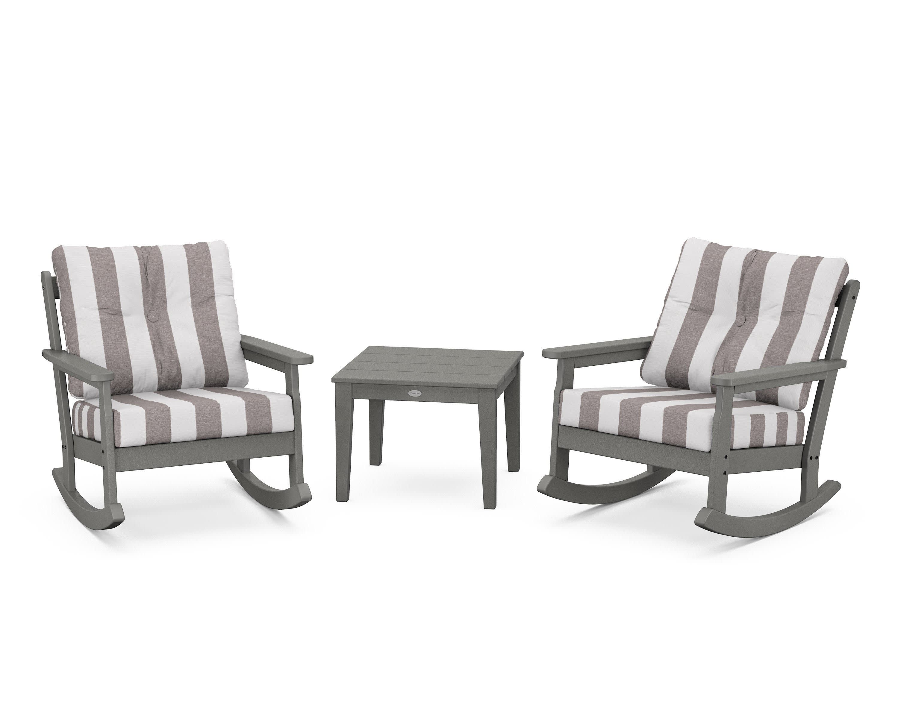 Vineyard 3-Piece Deep Seating Rocker Set in Slate Grey / Cabana Stripe Grey Mist