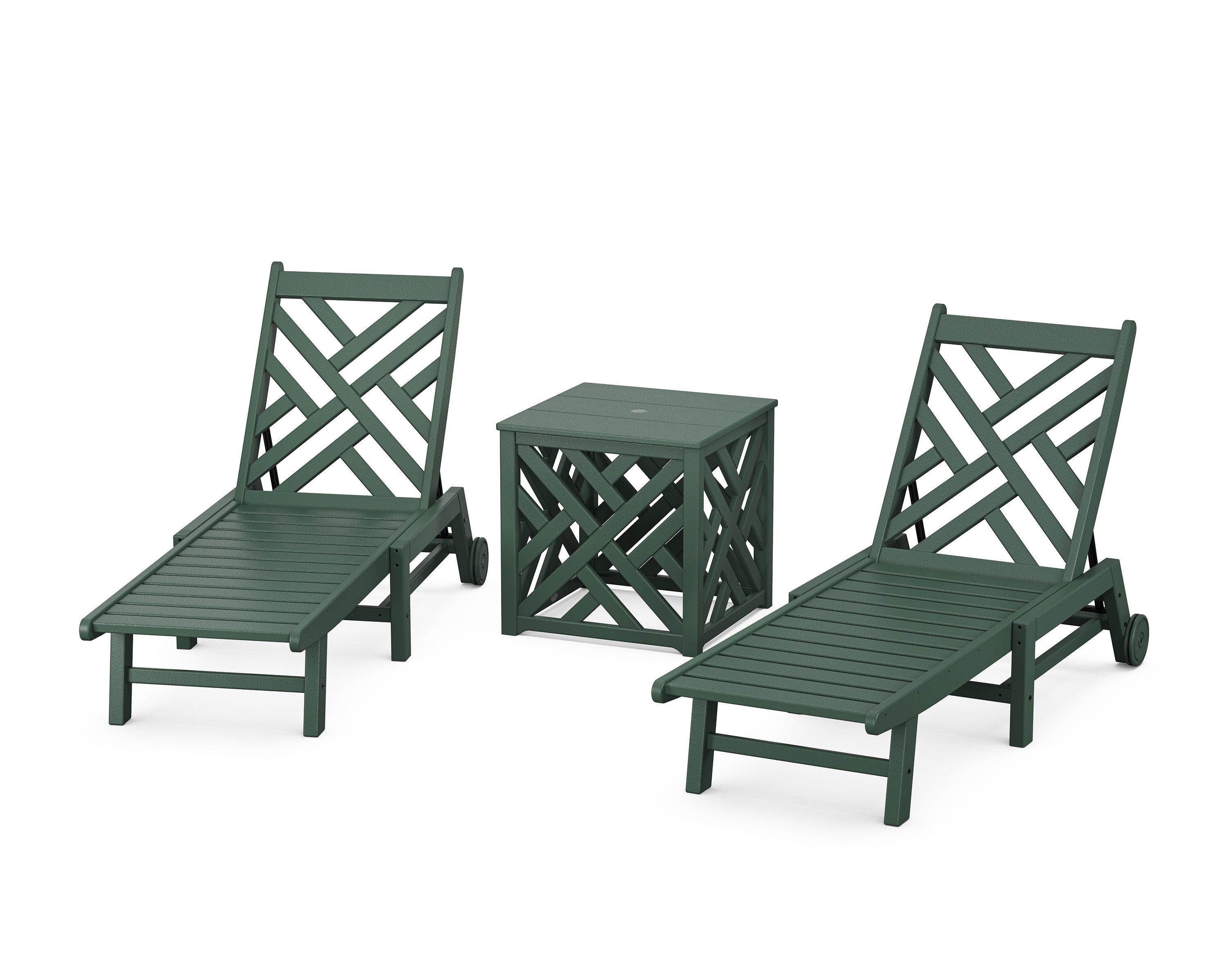 Chippendale 3-Piece Chaise Set with Wheels and Umbrella Stand Accent Table in Green