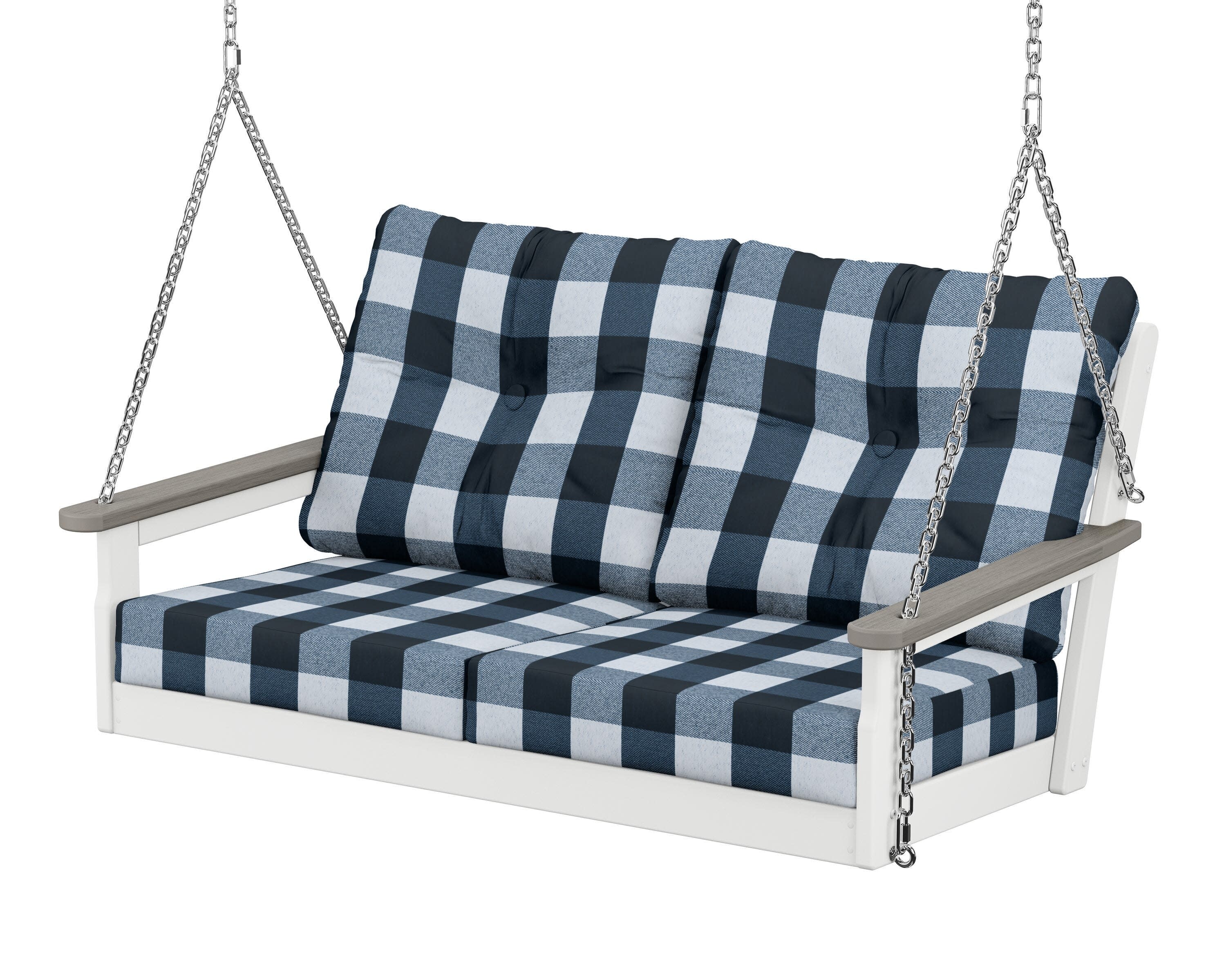 Vineyard Deep Seating Swing in White / Driftwood / Buffalo Plaid Marine Indigo