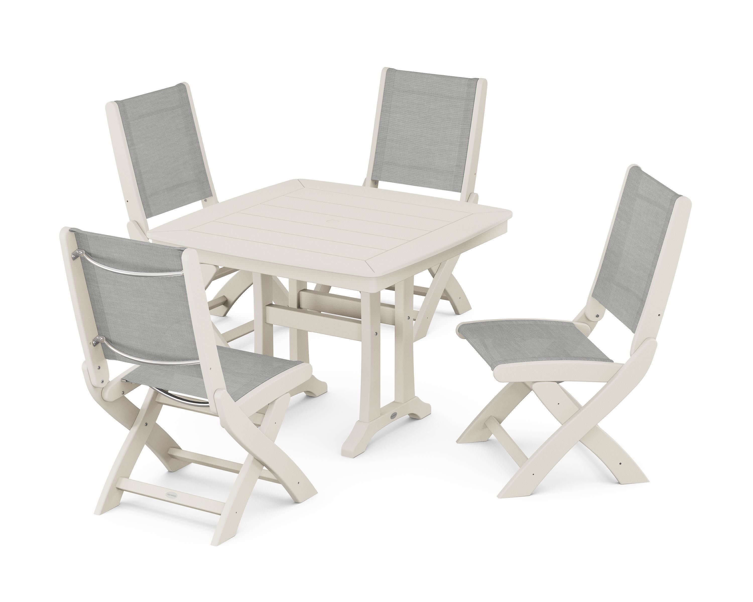 Coastal Folding Side Chair 5-Piece Dining Set with Trestle Legs in Sand / Metallic Sling