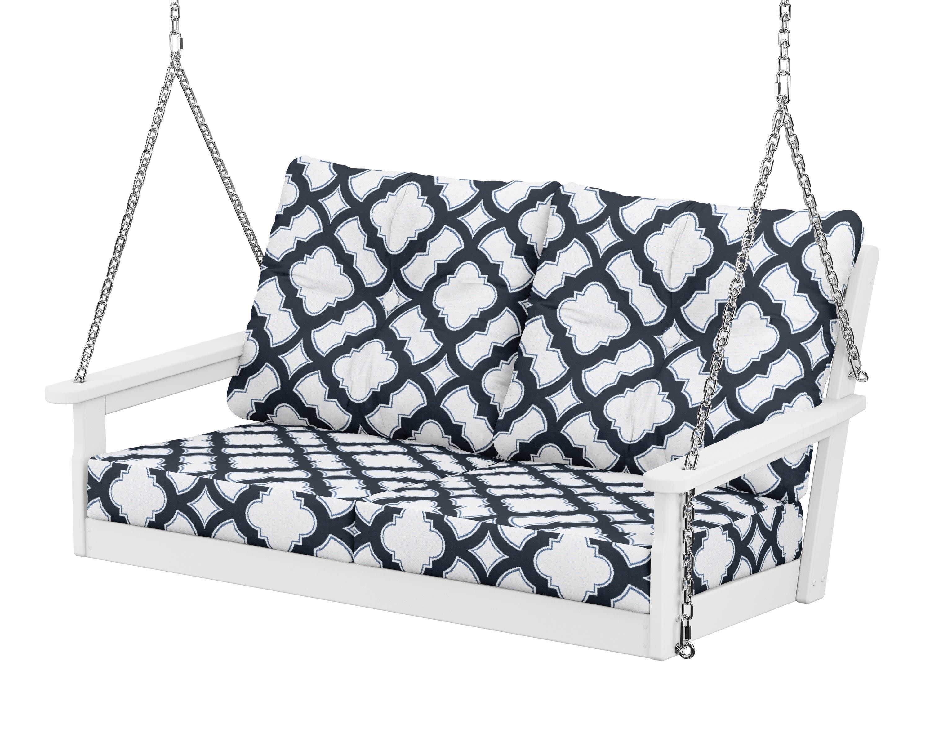 Vineyard Deep Seating Swing in White / Trellis Marine Indigo