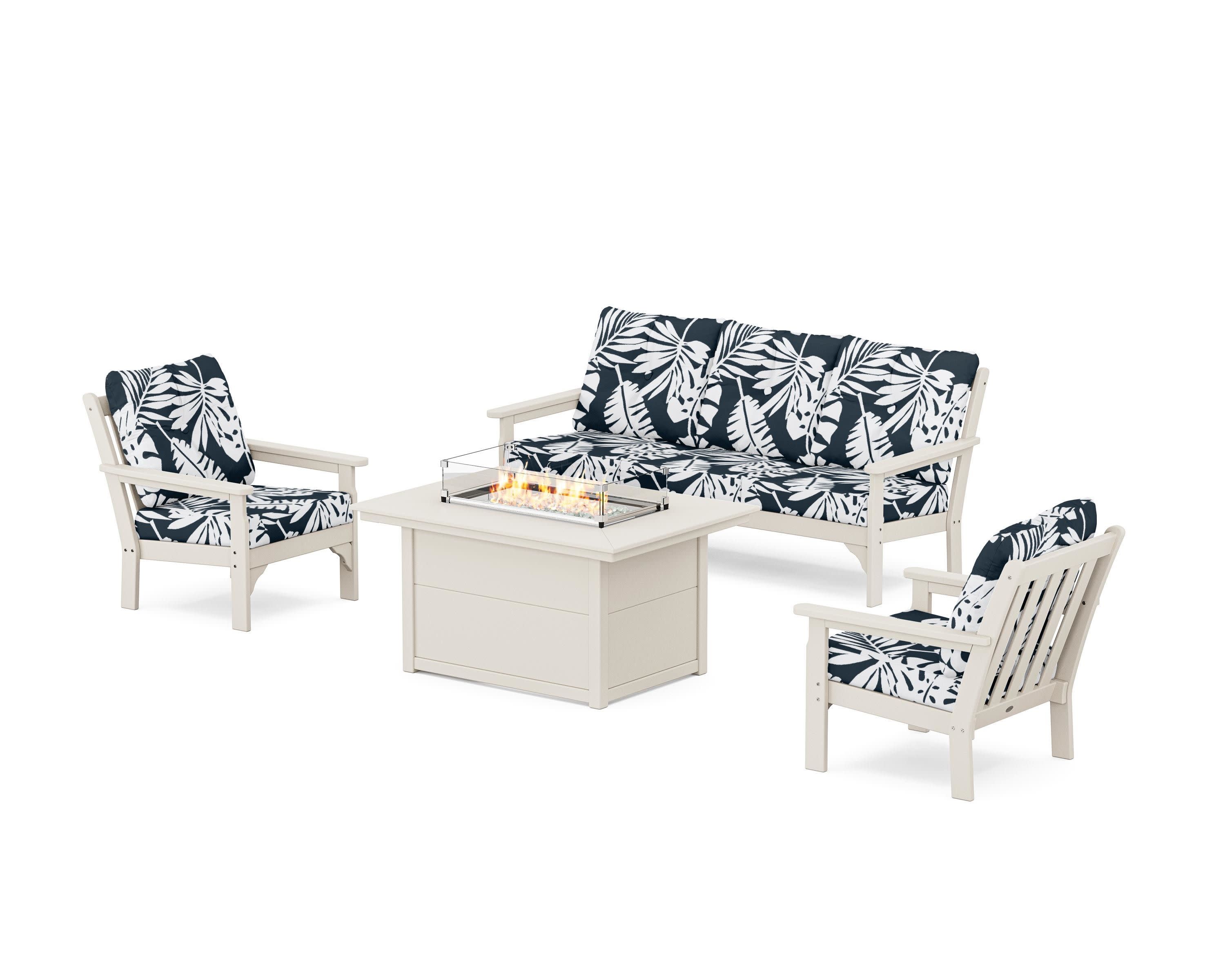 Vineyard Deep Seating Fire Pit Table Set in Sand / Leaf Marine Indigo