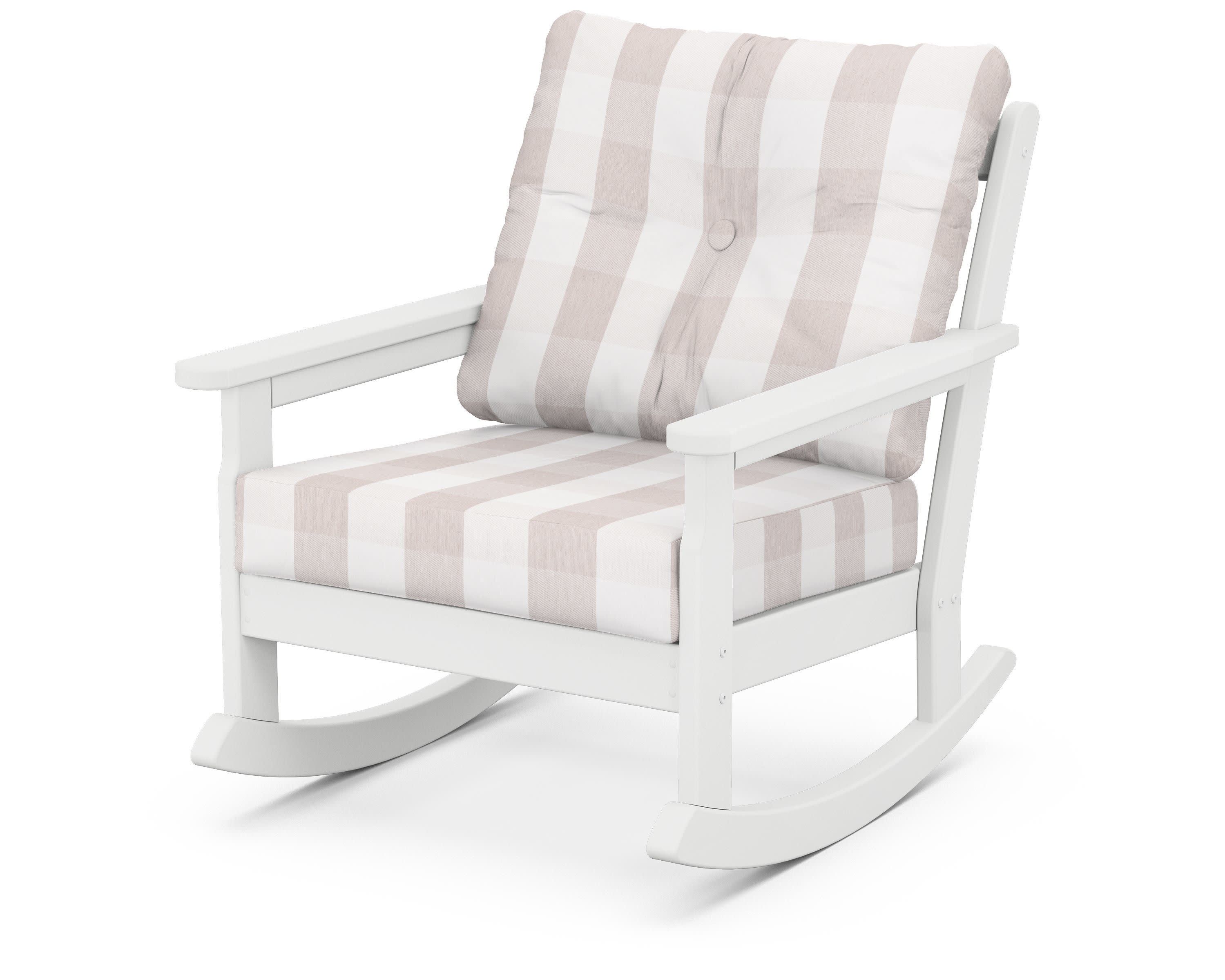 Vineyard Deep Seating Rocking Chair in White / Buffalo Plaid Dune Burlap