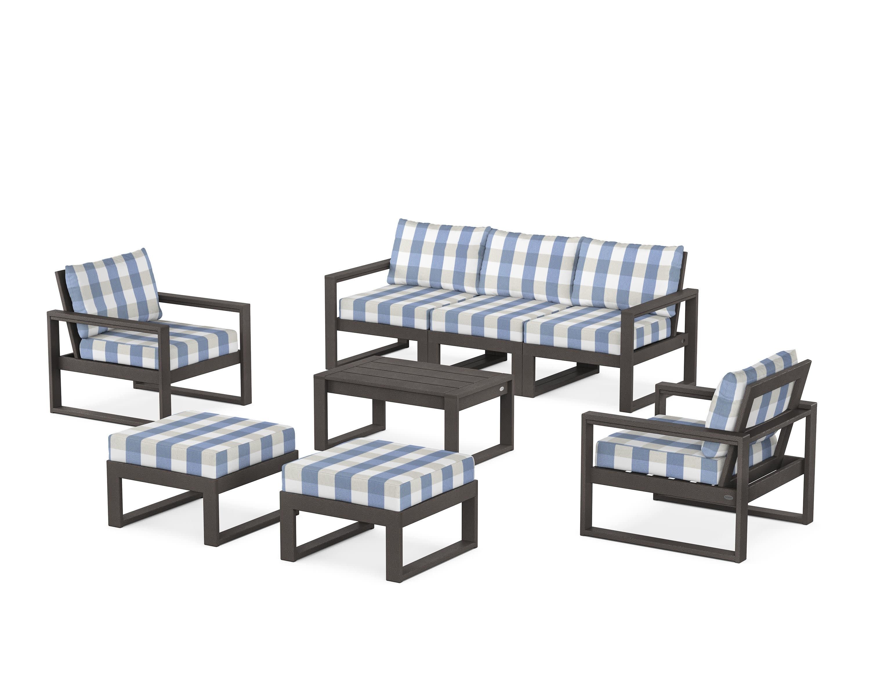 EDGE Sectional 8-Piece Lounge Sofa Set in Vintage Coffee / Buffalo Plaid Sky Blue