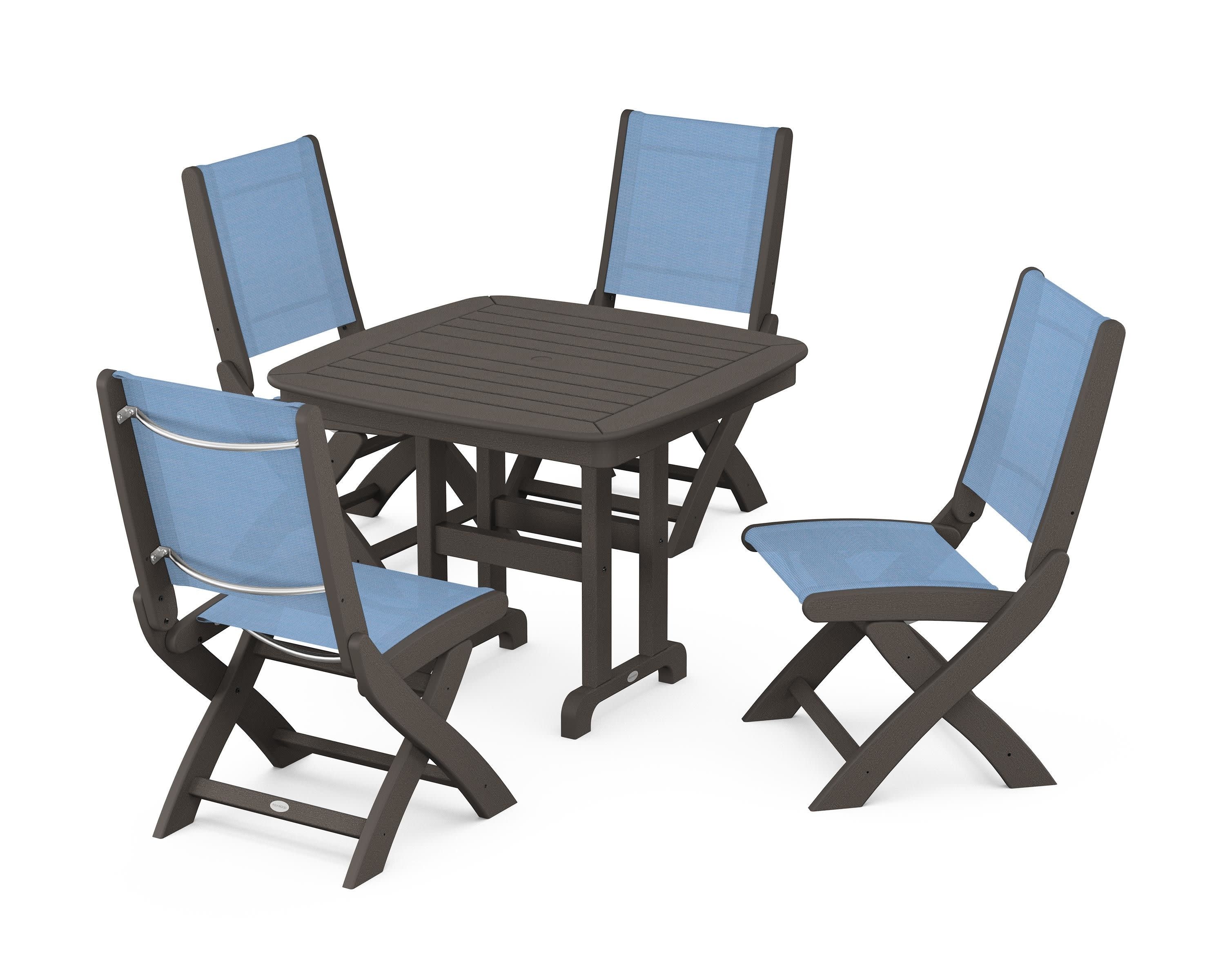 Coastal Folding Side Chair 5-Piece Dining Set in Vintage Coffee / Poolside Sling