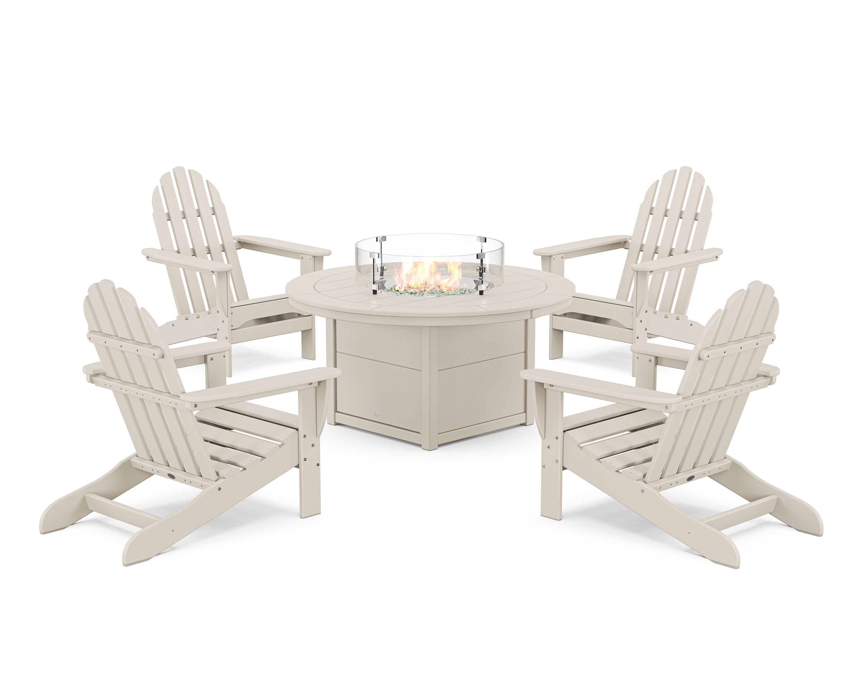 Classic Adirondack 5-Piece Conversation Set with Fire Pit Table in Sand