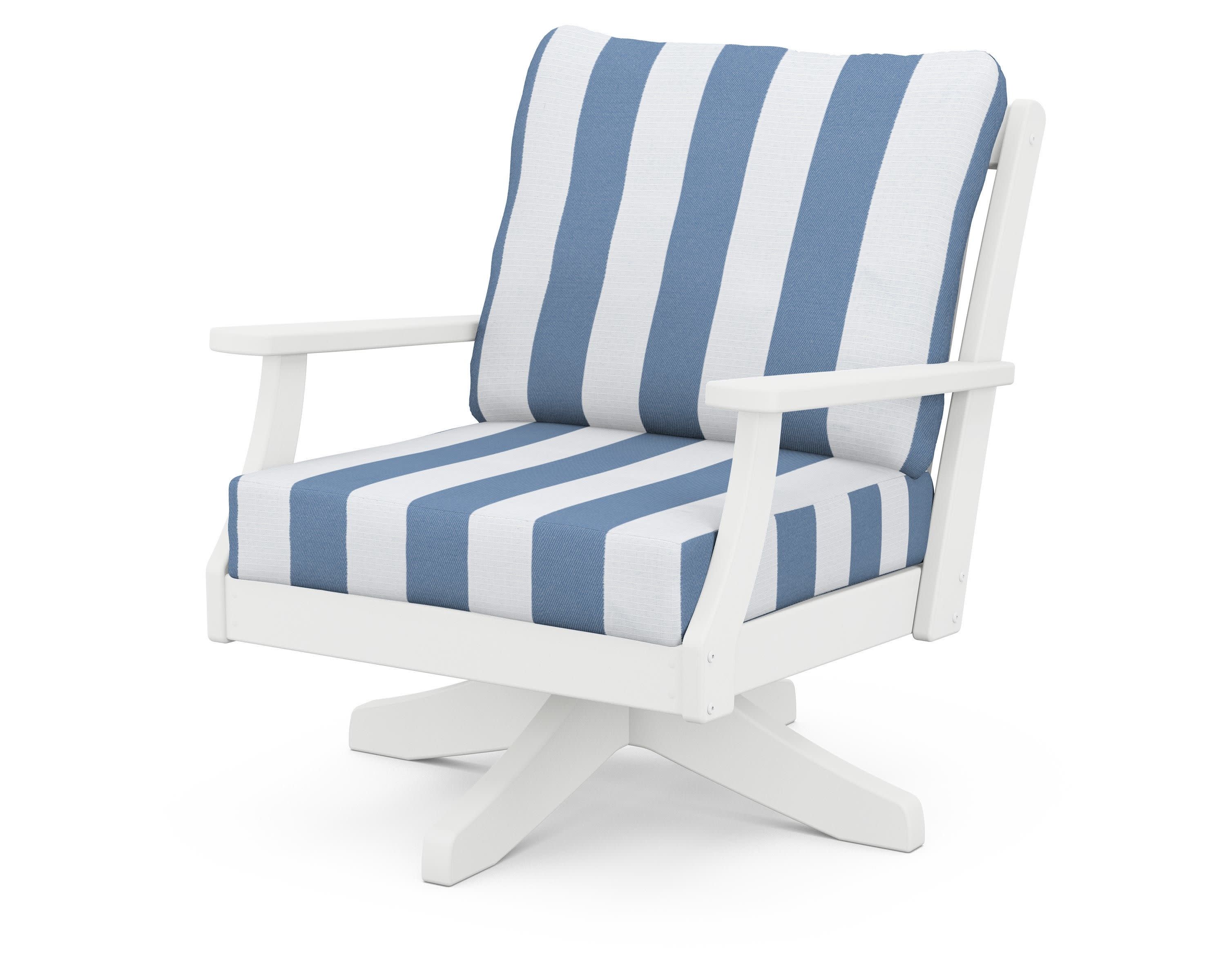 Braxton Deep Seating Swivel Chair in White / Cabana Stripe Sky Blue