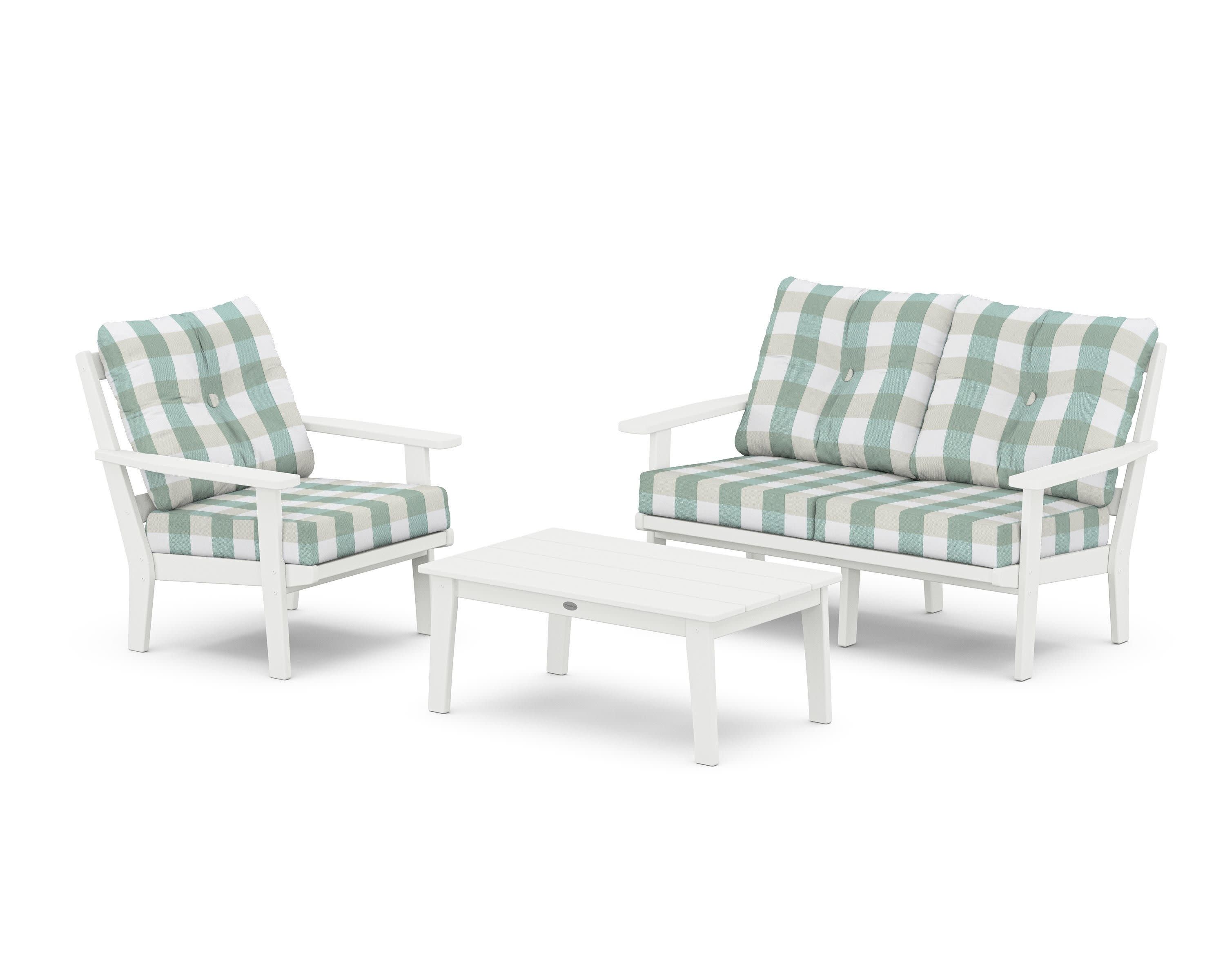 Oxford 3-Piece Deep Seating Set with Loveseat in White / Buffalo Plaid Glacier Spa