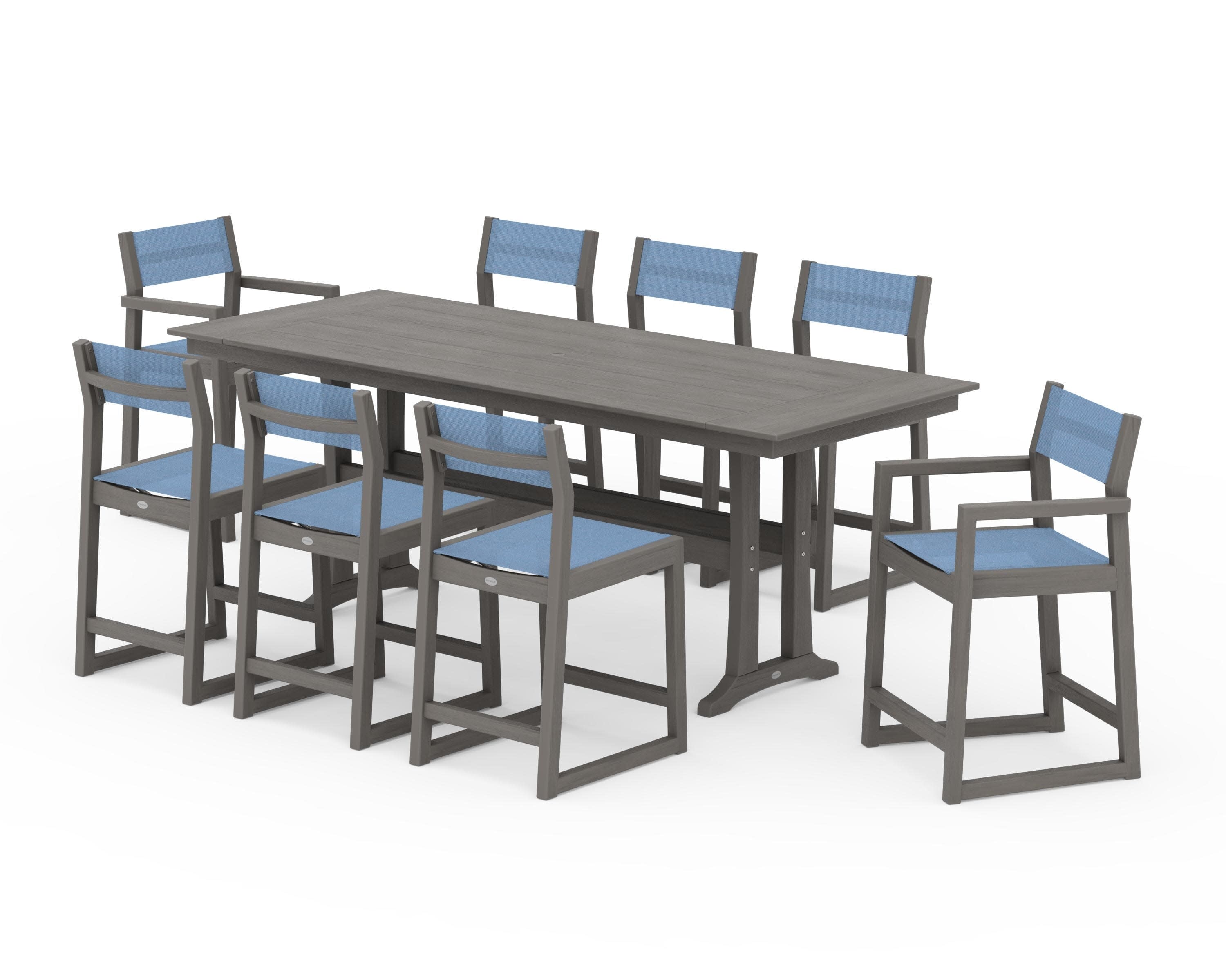 EDGE Sling 9-Piece Farmhouse Counter Set with Trestle Legs in Driftwood / Poolside Sling