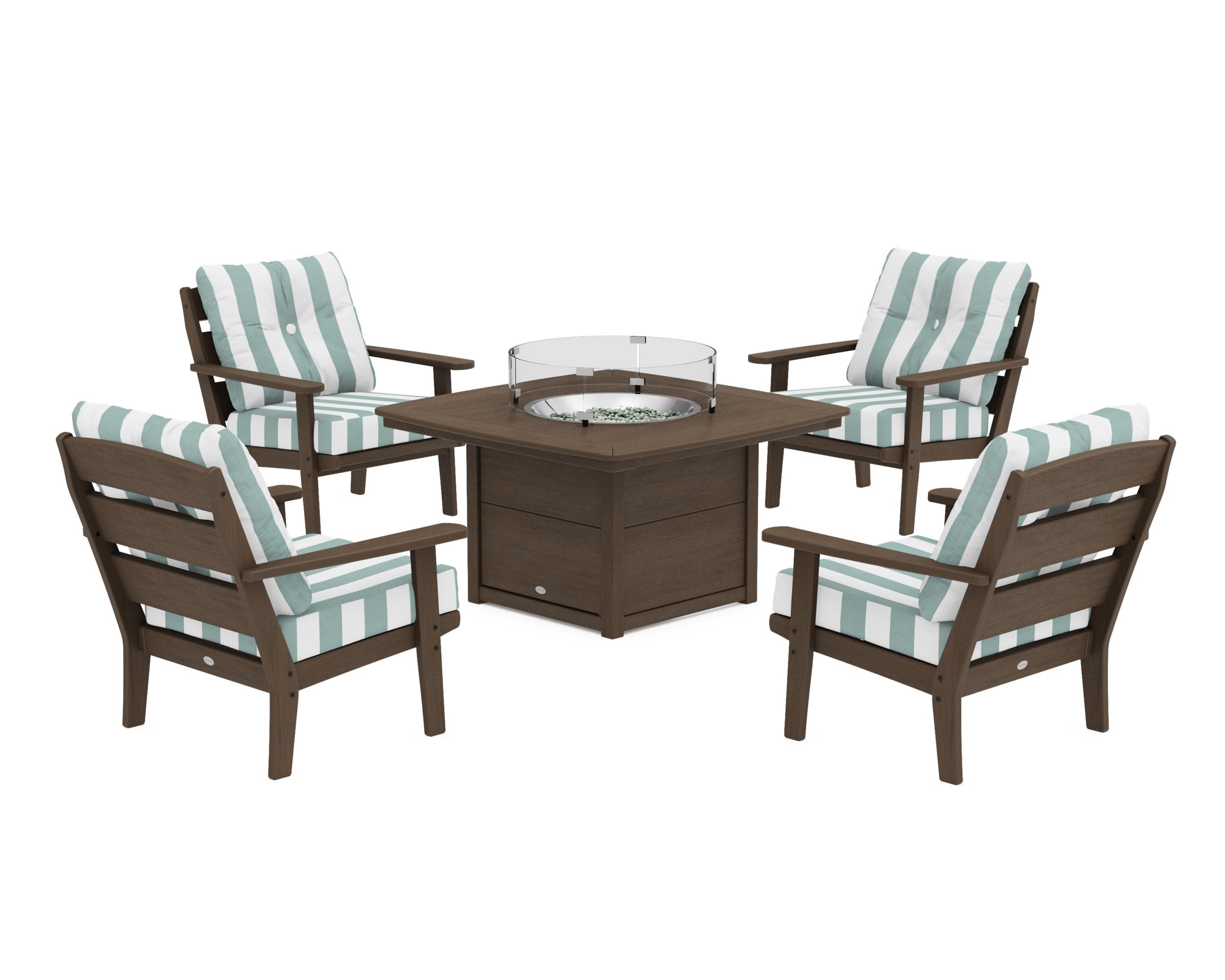 Lakeside 5-Piece Deep Seating Set with Nautical Fire Pit Table in Kona / Cabana Stripe Glacier Spa