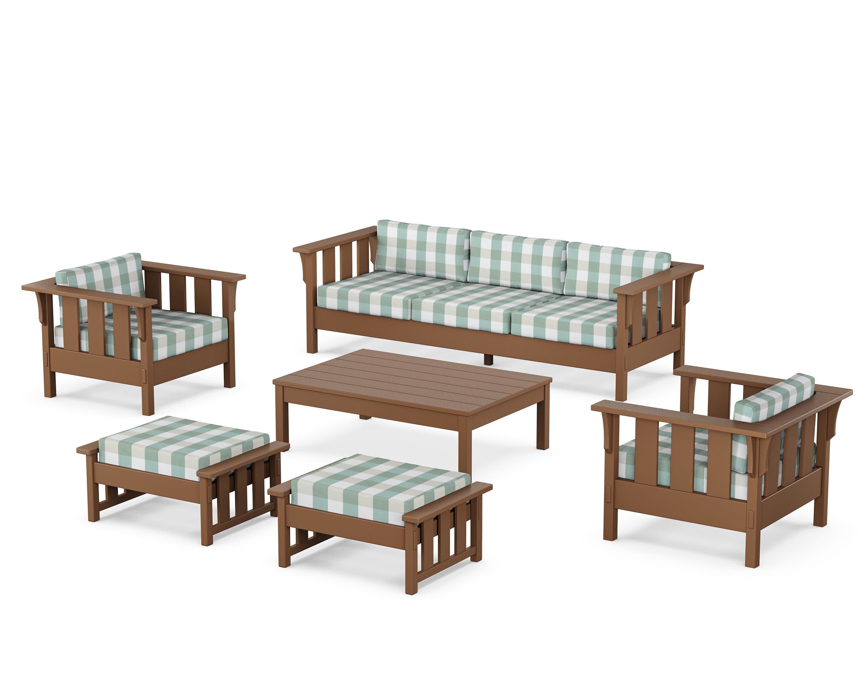 Acadia 6-Piece Lounge Sofa Set in Teak / Buffalo Plaid Glacier Spa