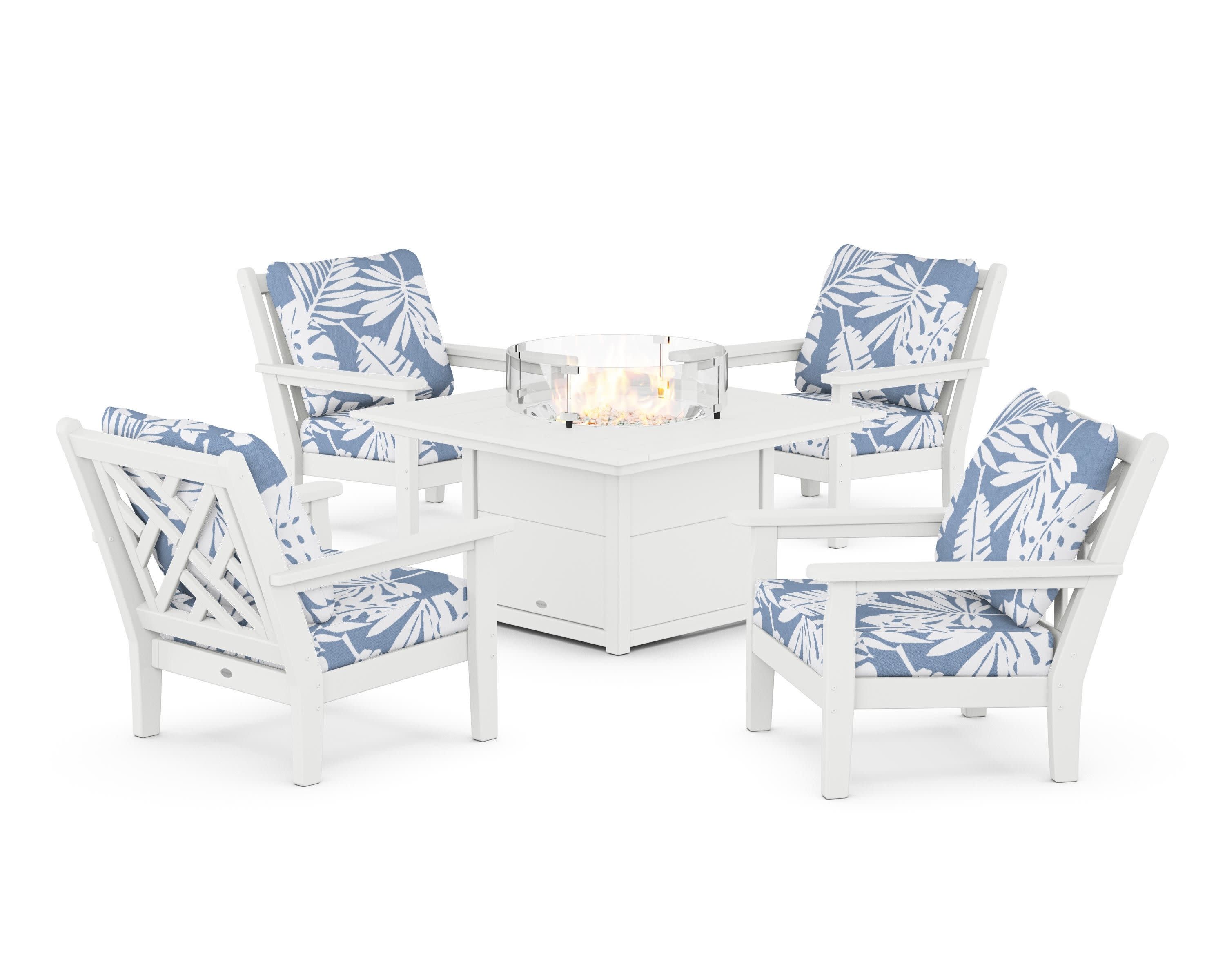 Chippendale 5-Piece Deep Seating Set with Fire Pit Table in White / Leaf Sky Blue