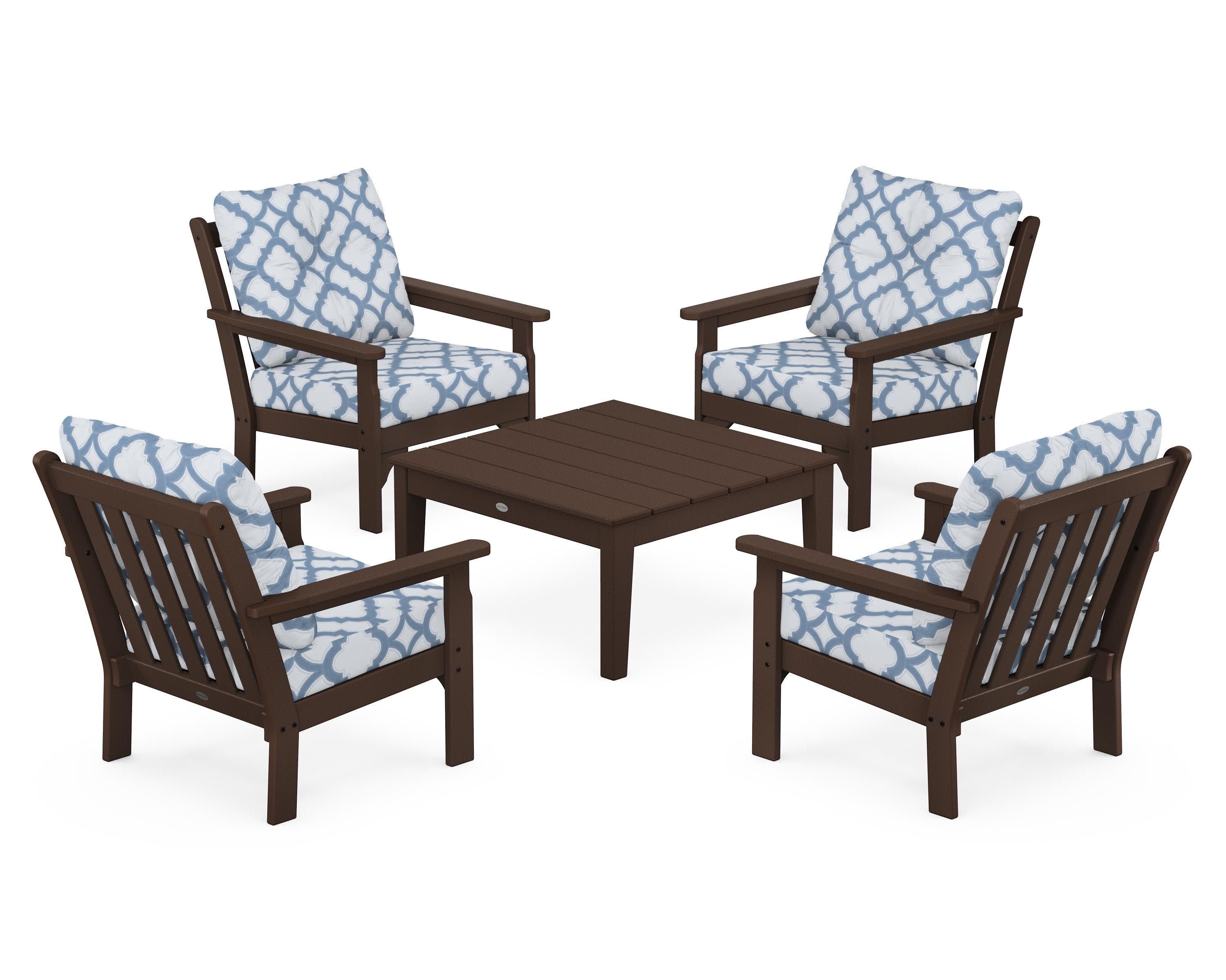 Vineyard 5-Piece Deep Seating Conversation Set in Mahogany / Trellis Sky Blue